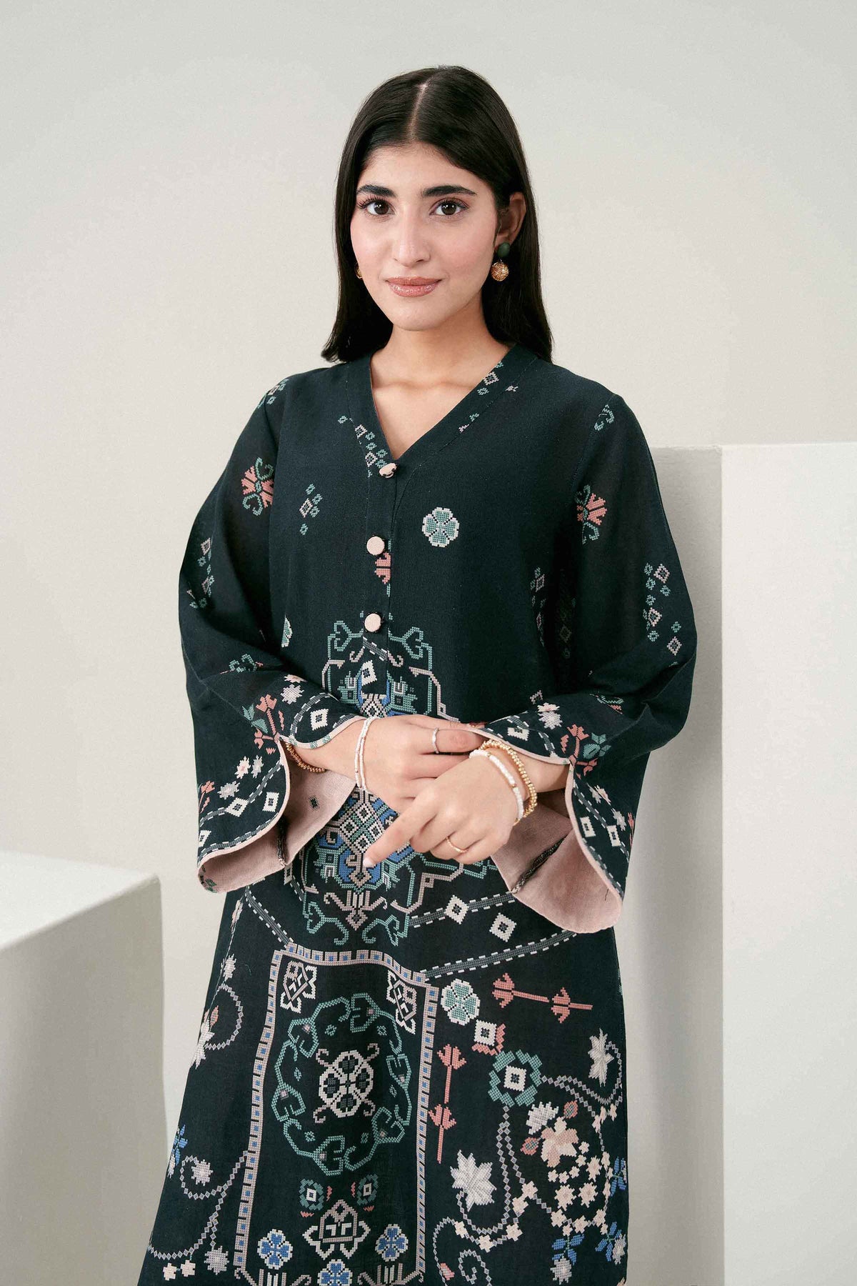 Black 2-Piece Printed Suit in Khaddar ready-to-wear