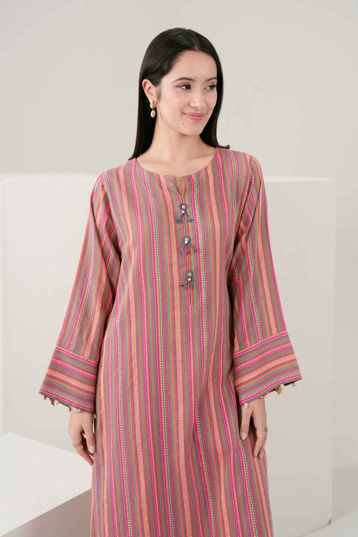 Pink 2-Piece Printed Suit in Rangoli Chevron Stripes ready-to-wear