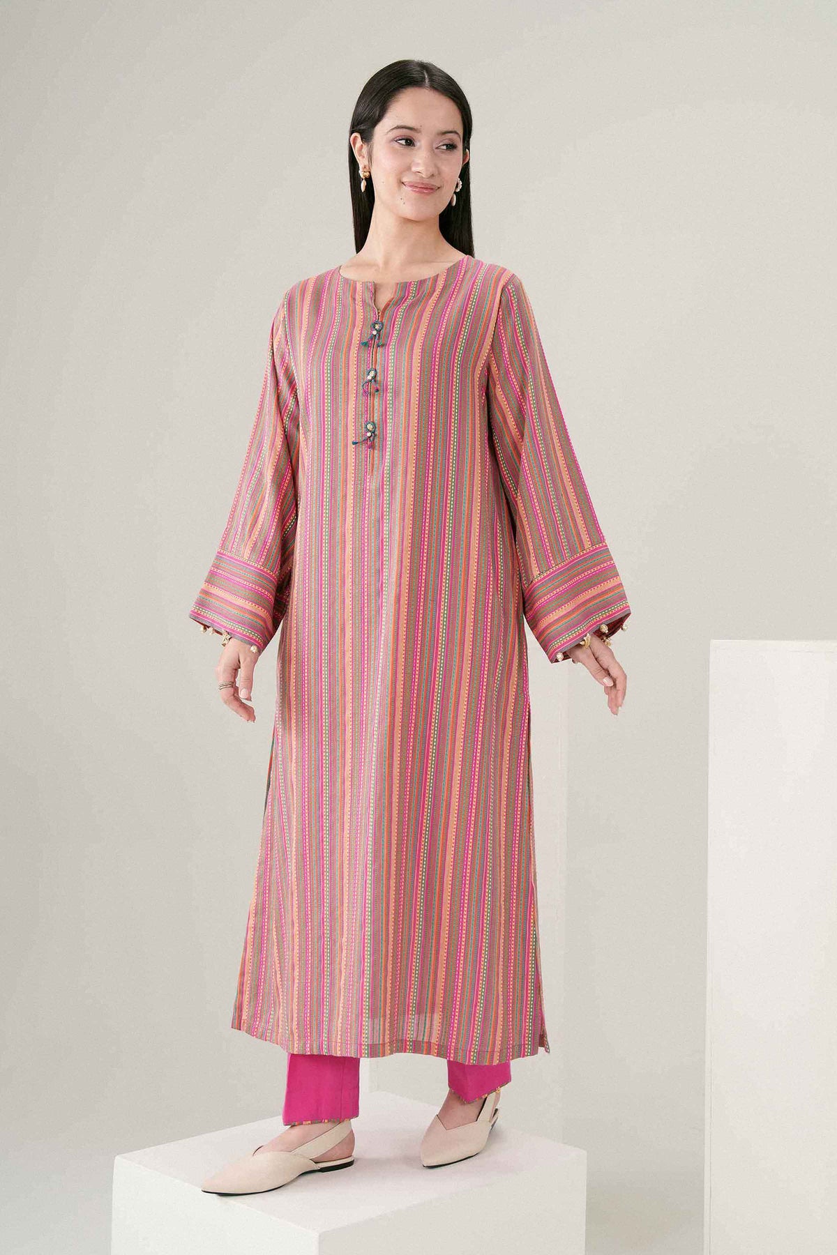 Pink 2-Piece Printed Suit in Rangoli Chevron Stripes ready-to-wear