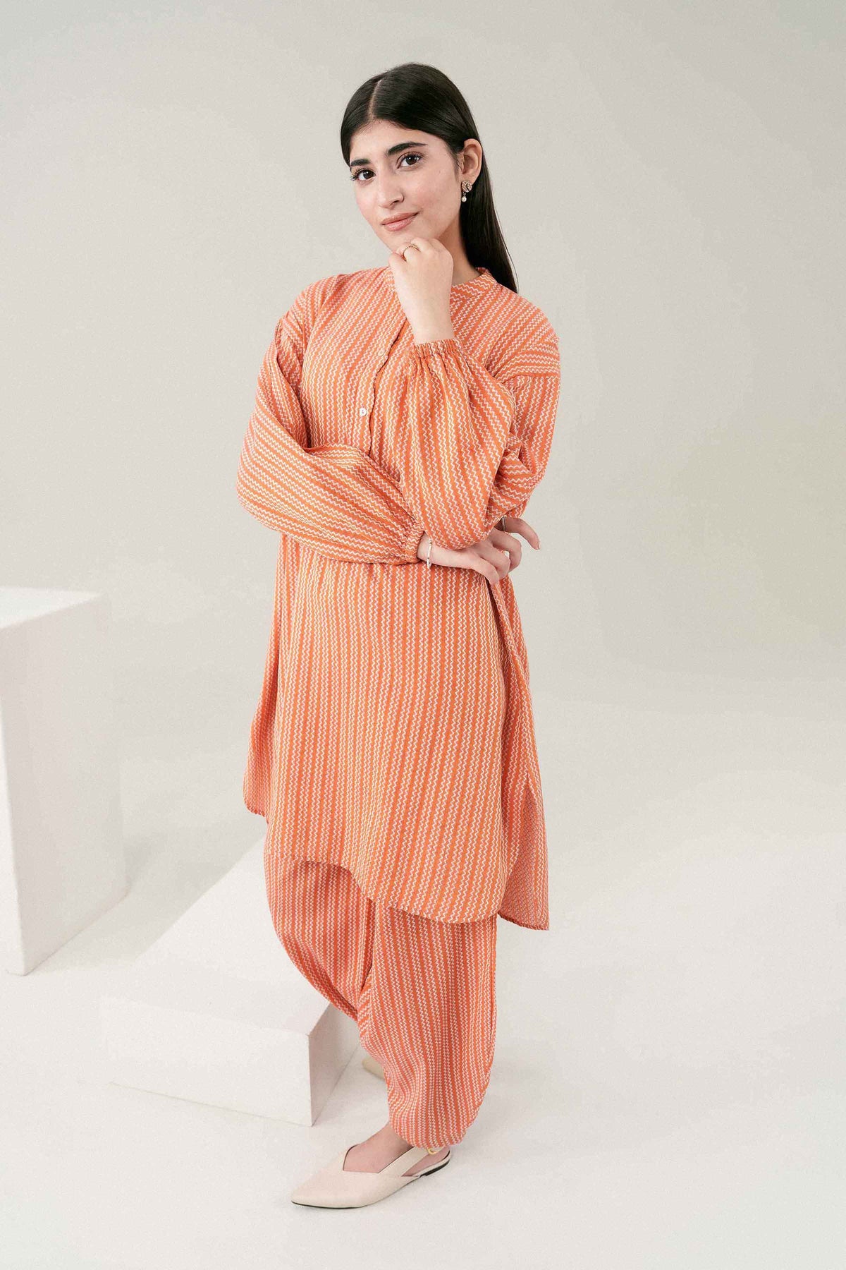 Orange 2-Piece Printed Suit in Yarn Dyed ready-to-wear