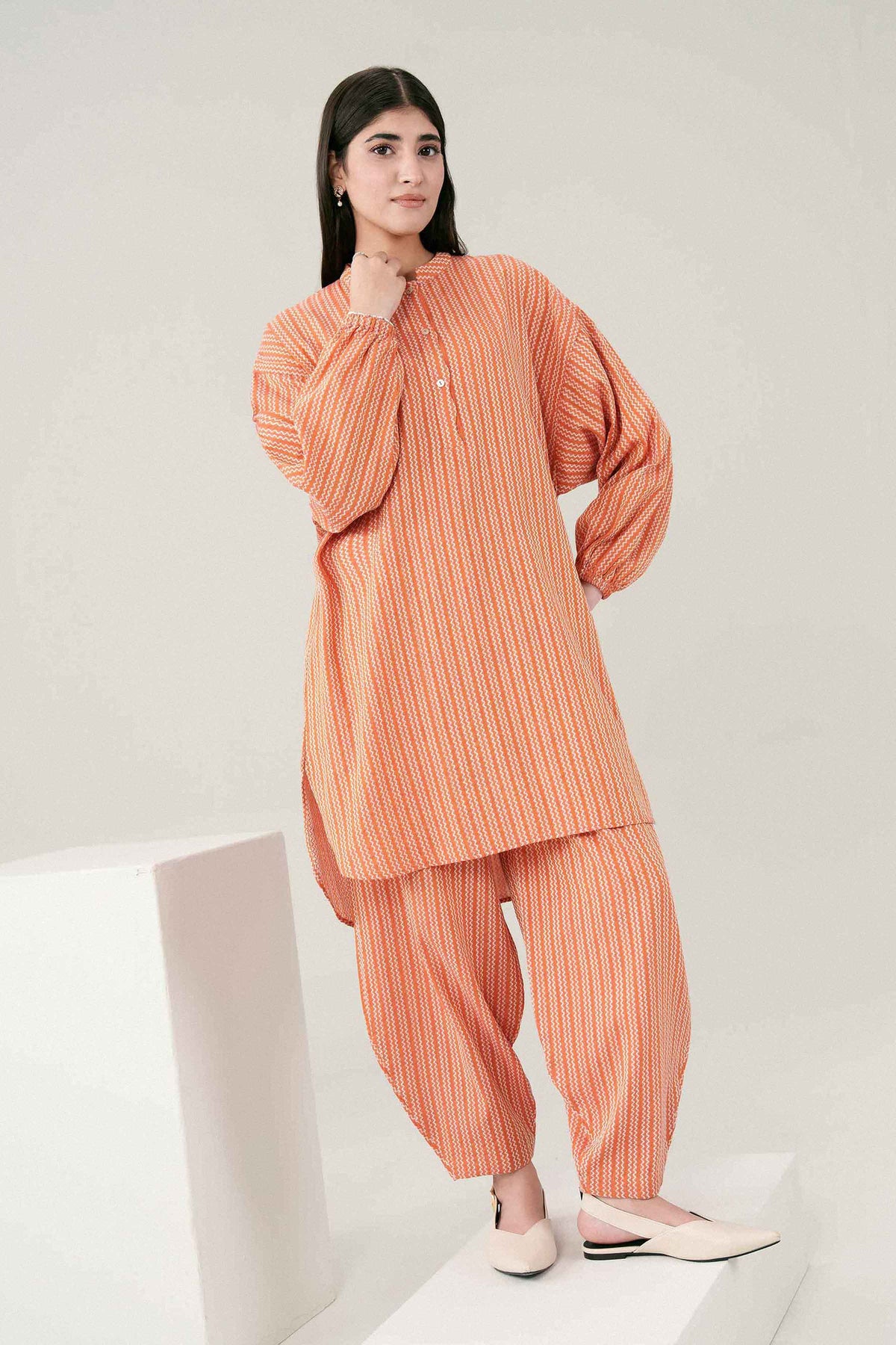 Orange 2-Piece Printed Suit in Yarn Dyed ready-to-wear