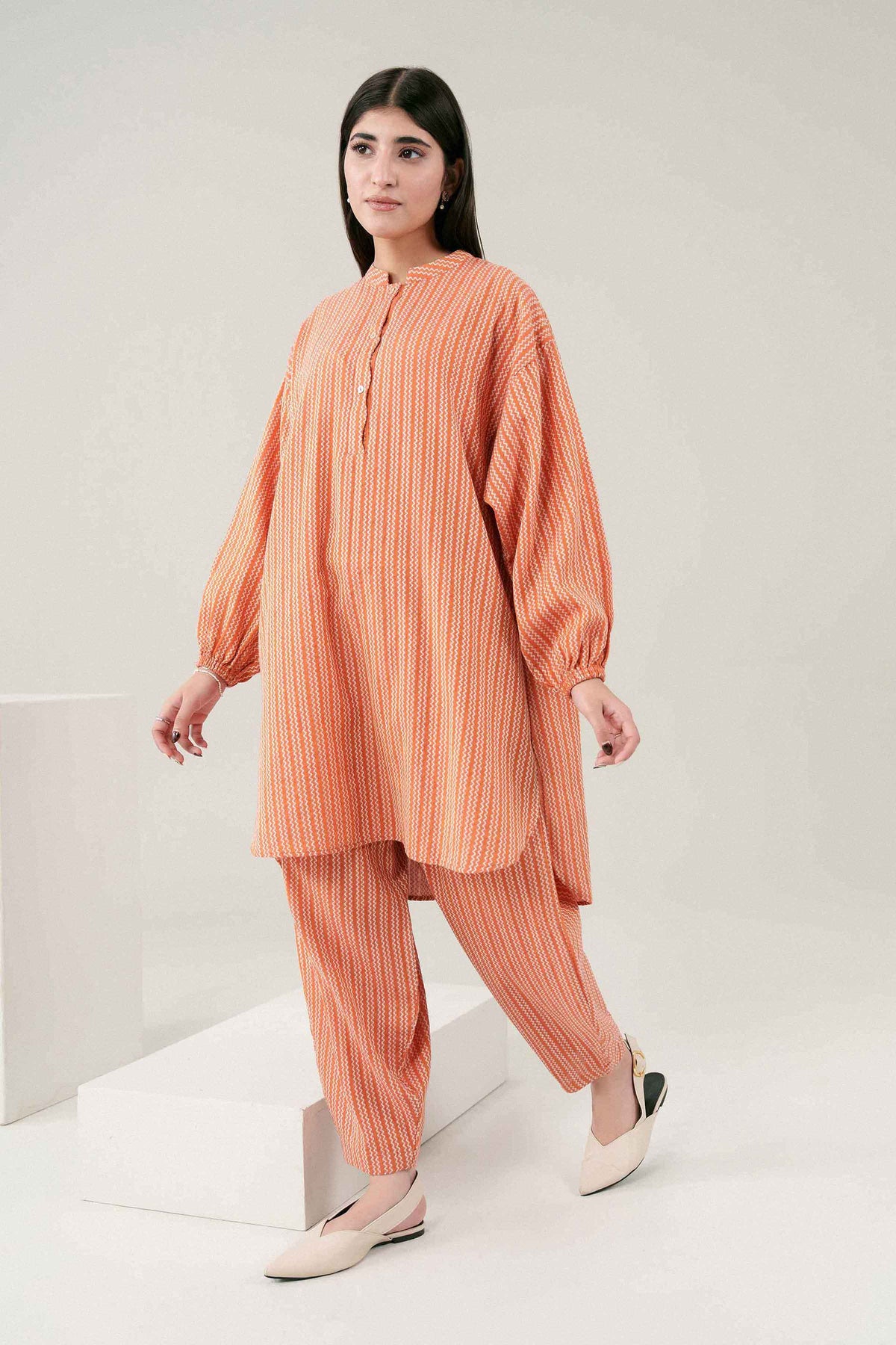 Orange 2-Piece Printed Suit in Yarn Dyed ready-to-wear