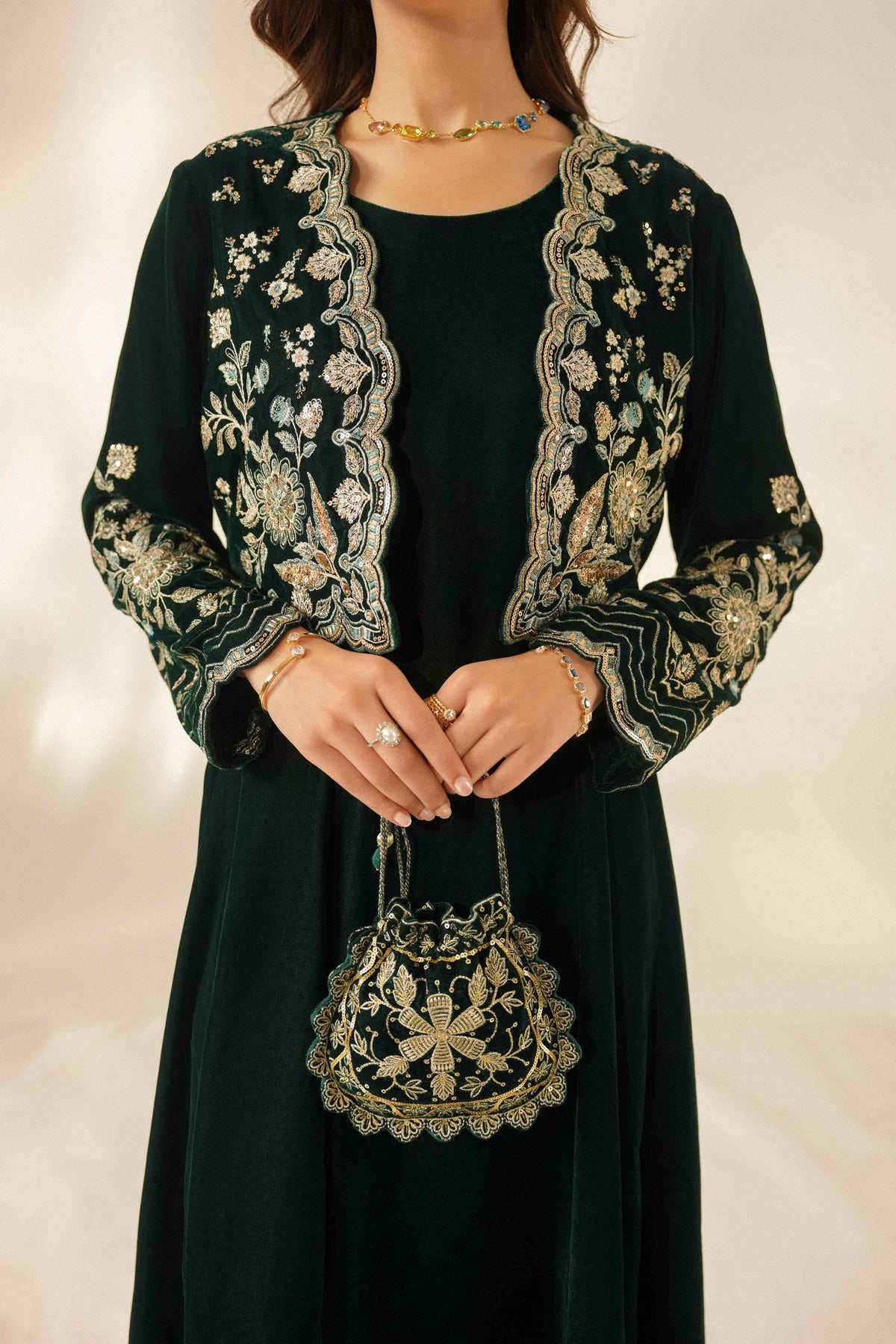 Green 2-Piece Embroidered Suit in Velvet ready-to-wear