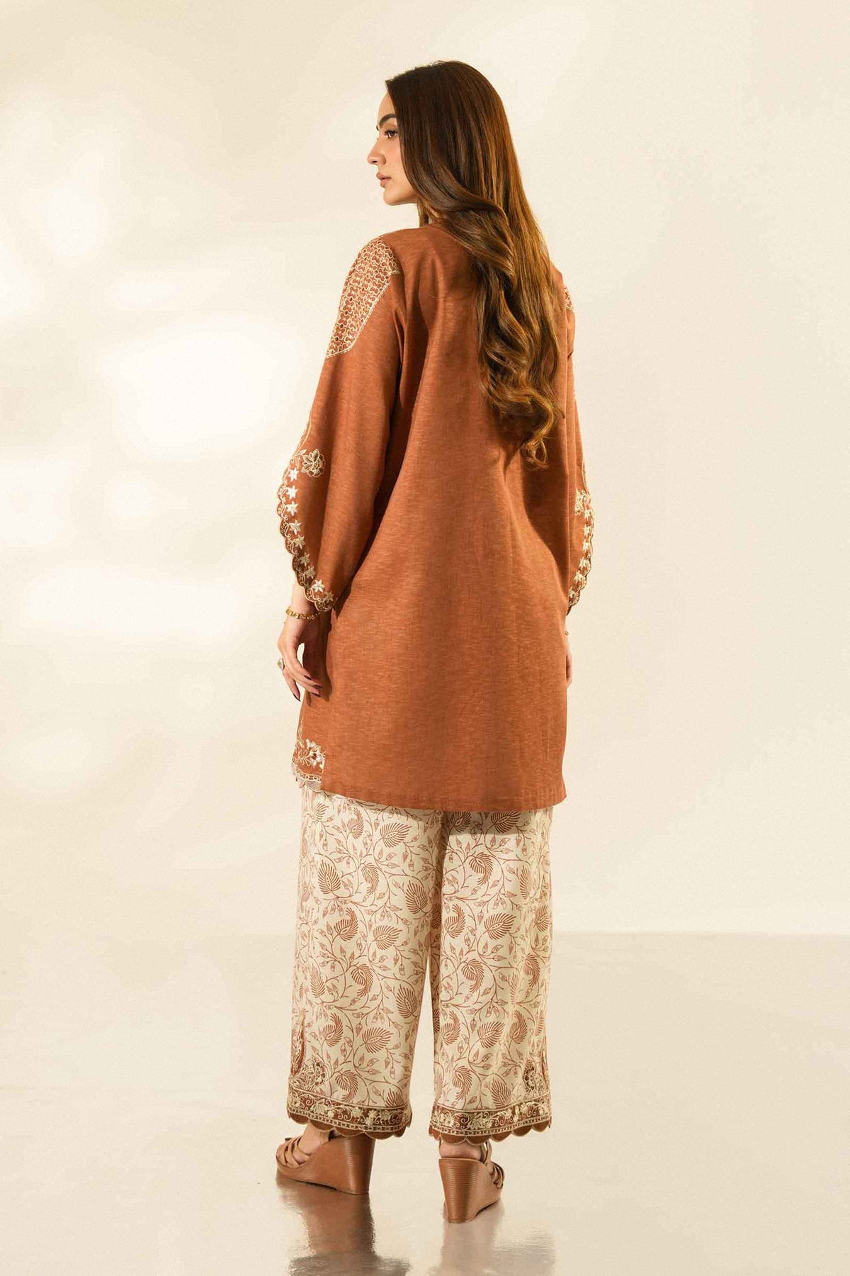 Rust 2-Piece Printed Embroidered Suit in Karandi ready-to-wear