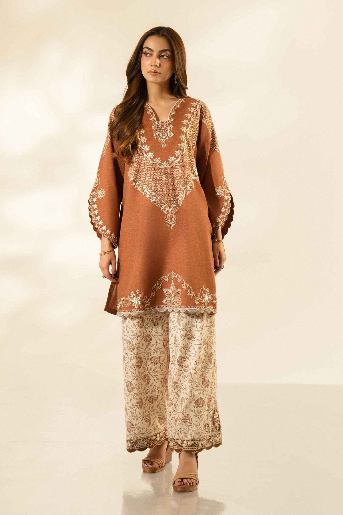 Rust 2-Piece Printed Embroidered Suit in Karandi ready-to-wear