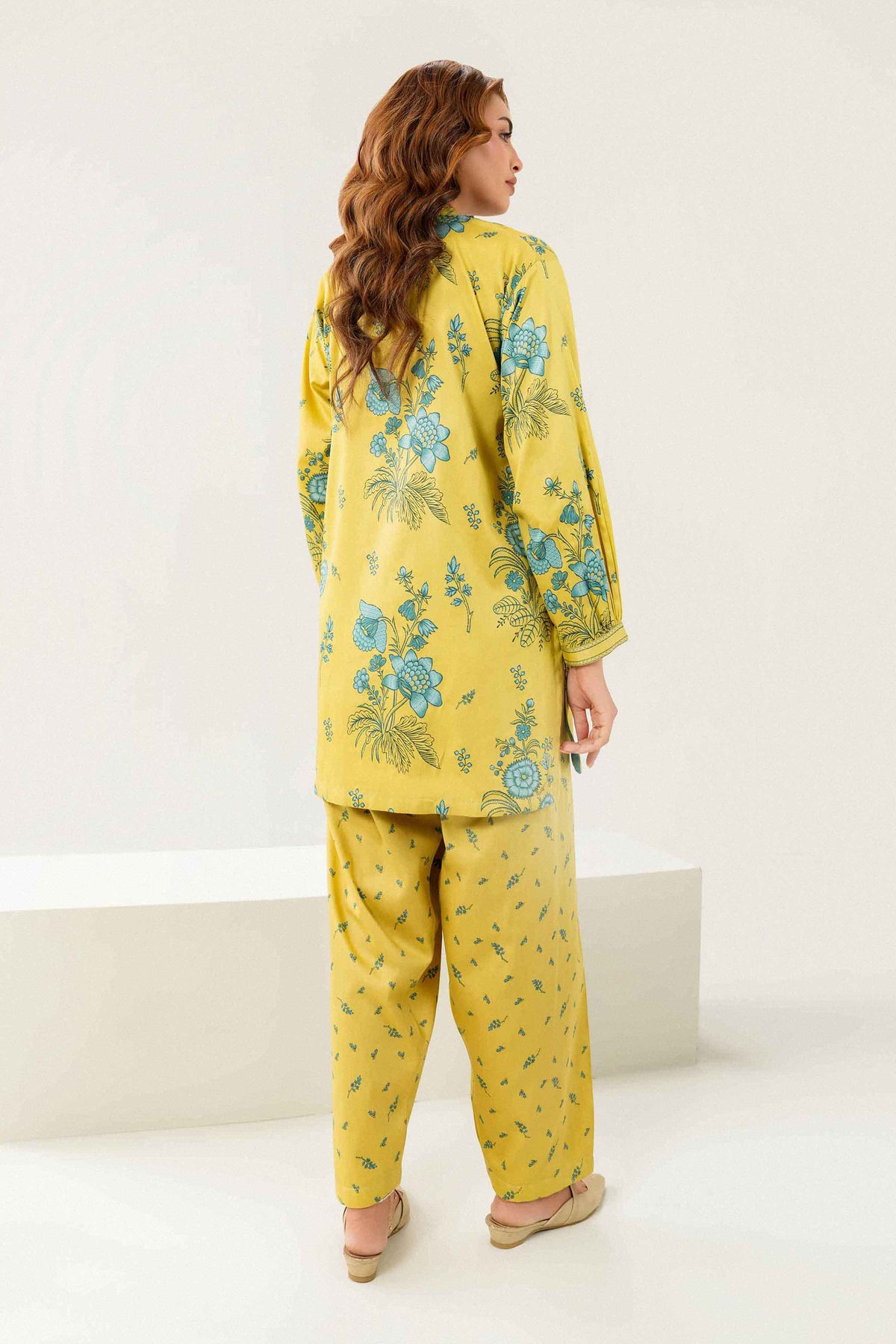 Yellow 2-Piece Printed Embroidered Suit in Satin ready-to-wear