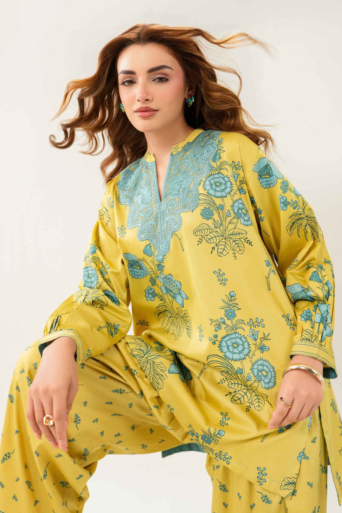 Yellow 2-Piece Printed Embroidered Suit in Satin ready-to-wear