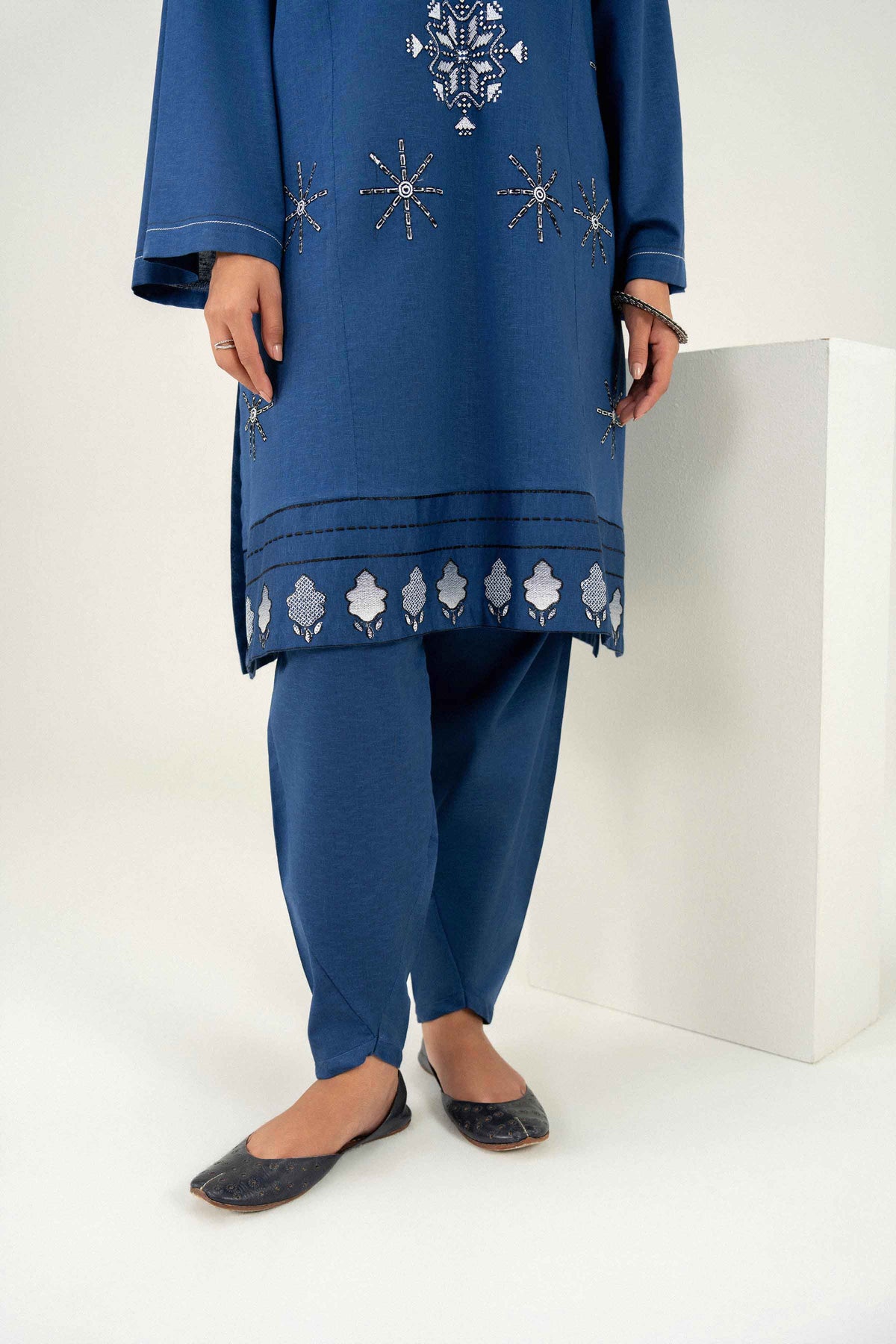 Blue 2-Piece Embroidered Suit in Karandi ready-to-wear
