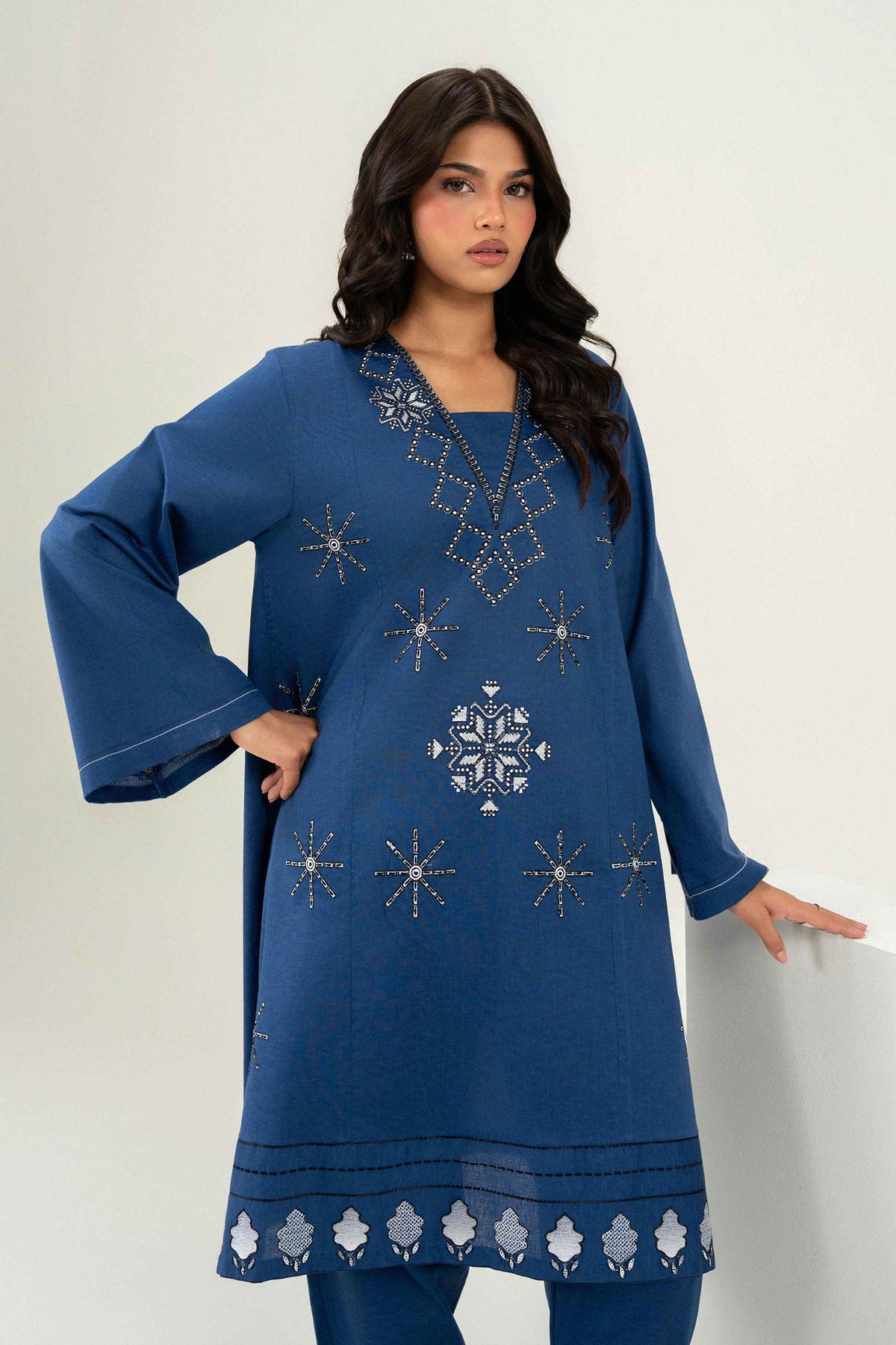 Blue 2-Piece Embroidered Suit in Karandi ready-to-wear