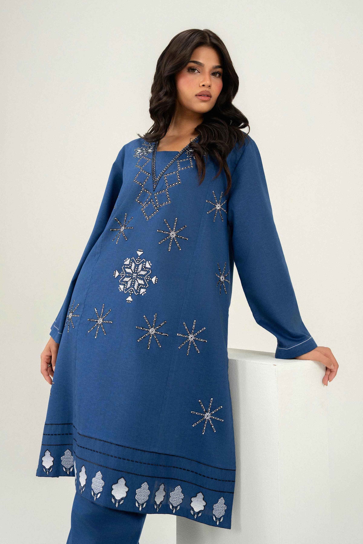 Blue 2-Piece Embroidered Suit in Karandi ready-to-wear