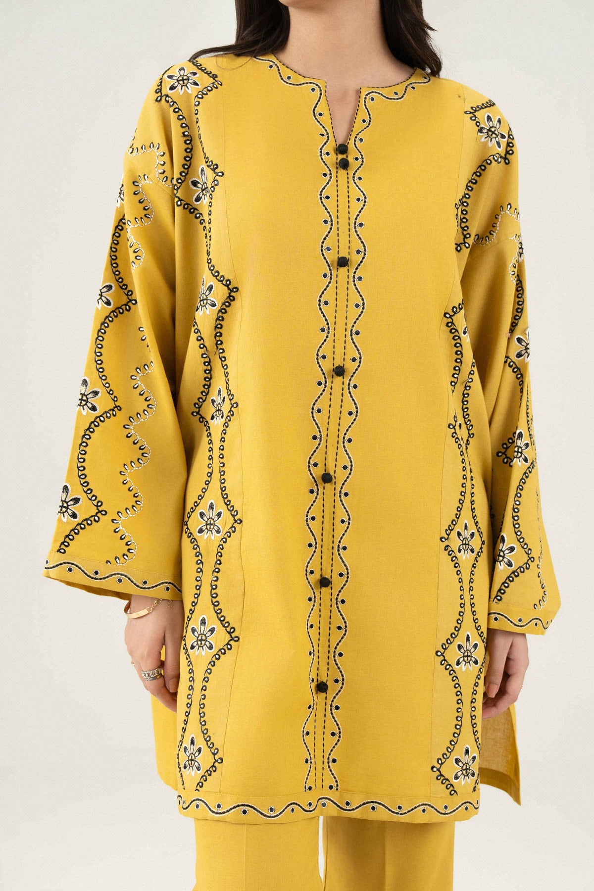 Yellow 2-Piece Embroidered Suit in Khaddar ready-to-wear