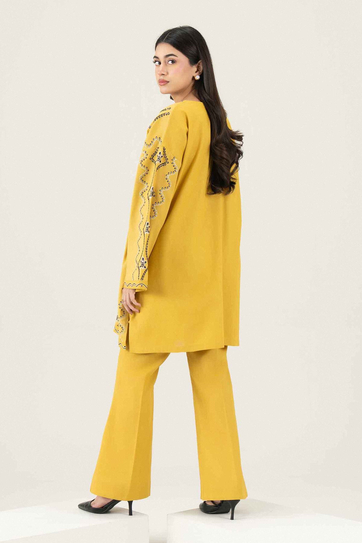 Yellow 2-Piece Embroidered Suit in Khaddar ready-to-wear