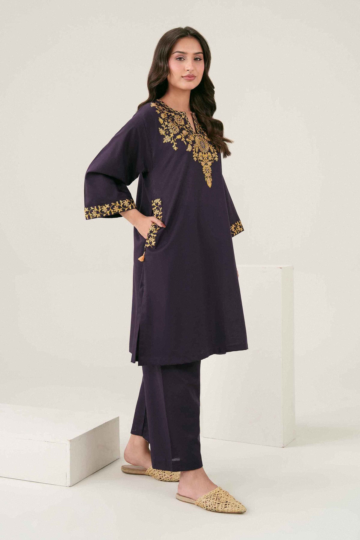 Purple 2-Piece Embroidered Suit in Karandi ready-to-wear