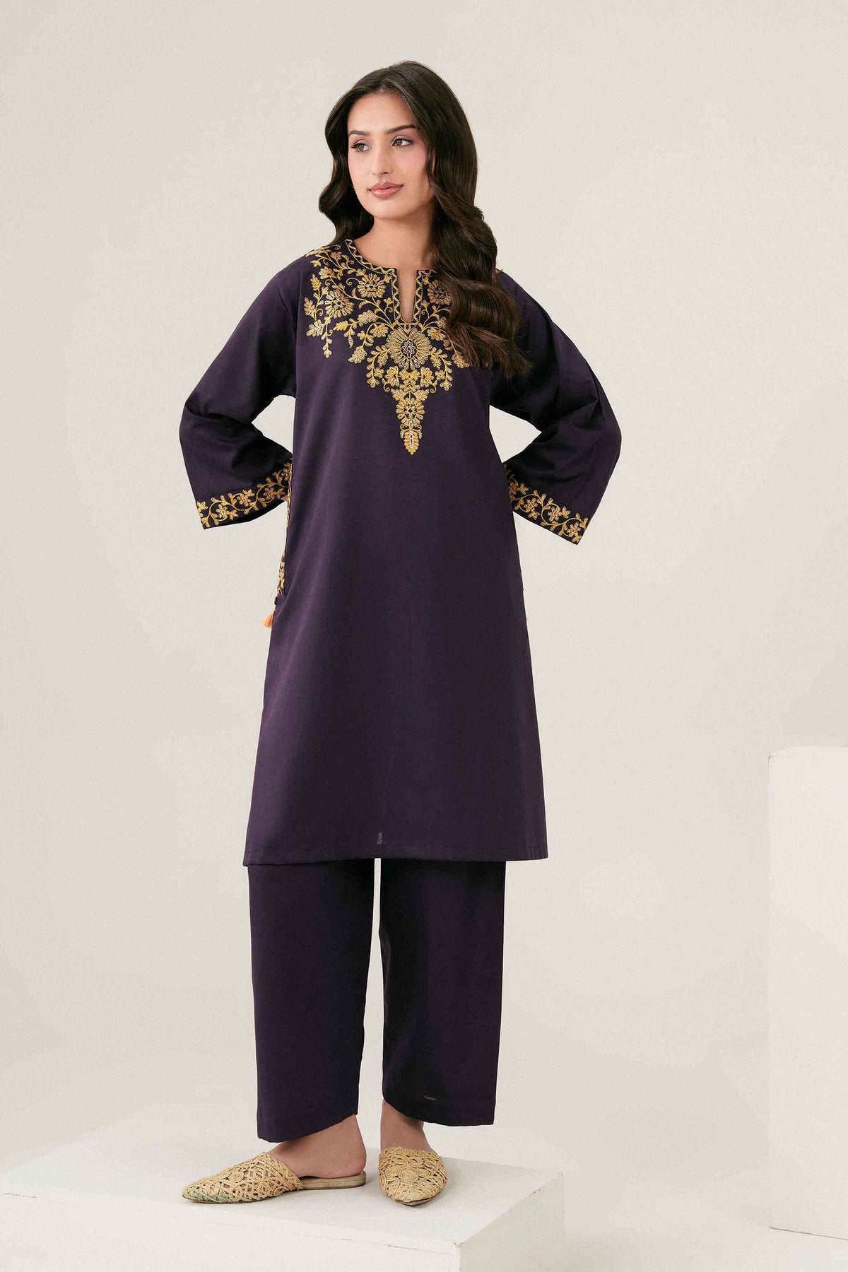 Purple 2-Piece Embroidered Suit in Karandi ready-to-wear