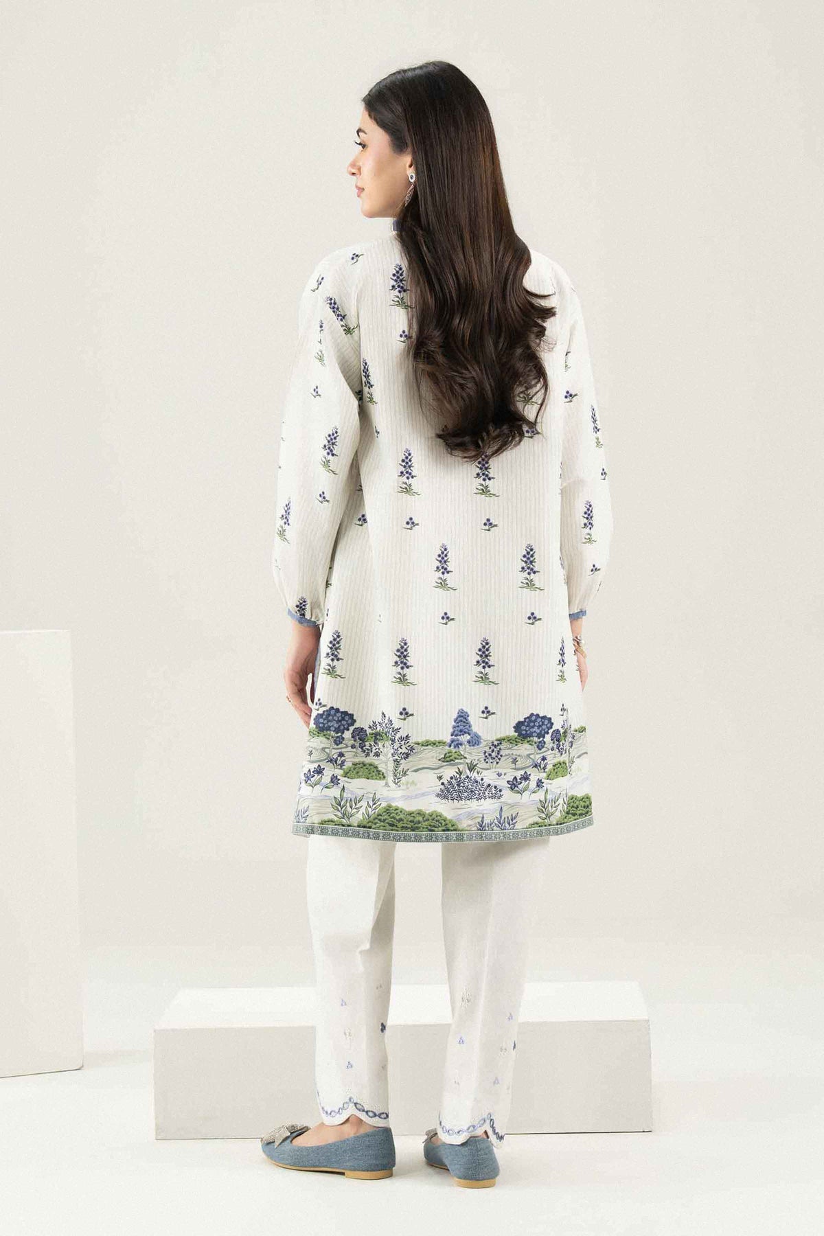 Off White 2-Piece Printed Embroidered Suit in Karandi ready-to-wear