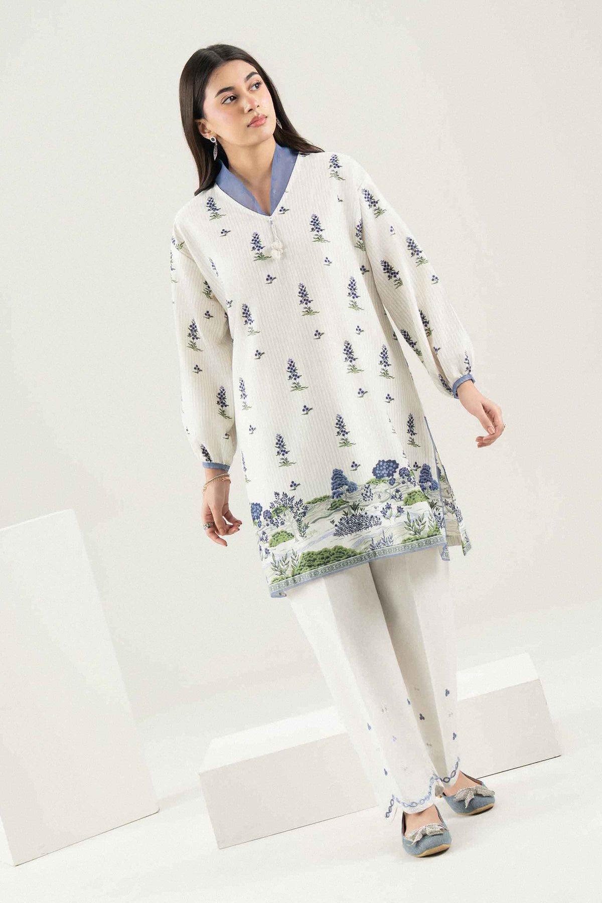 Off White 2-Piece Printed Embroidered Suit in Karandi ready-to-wear