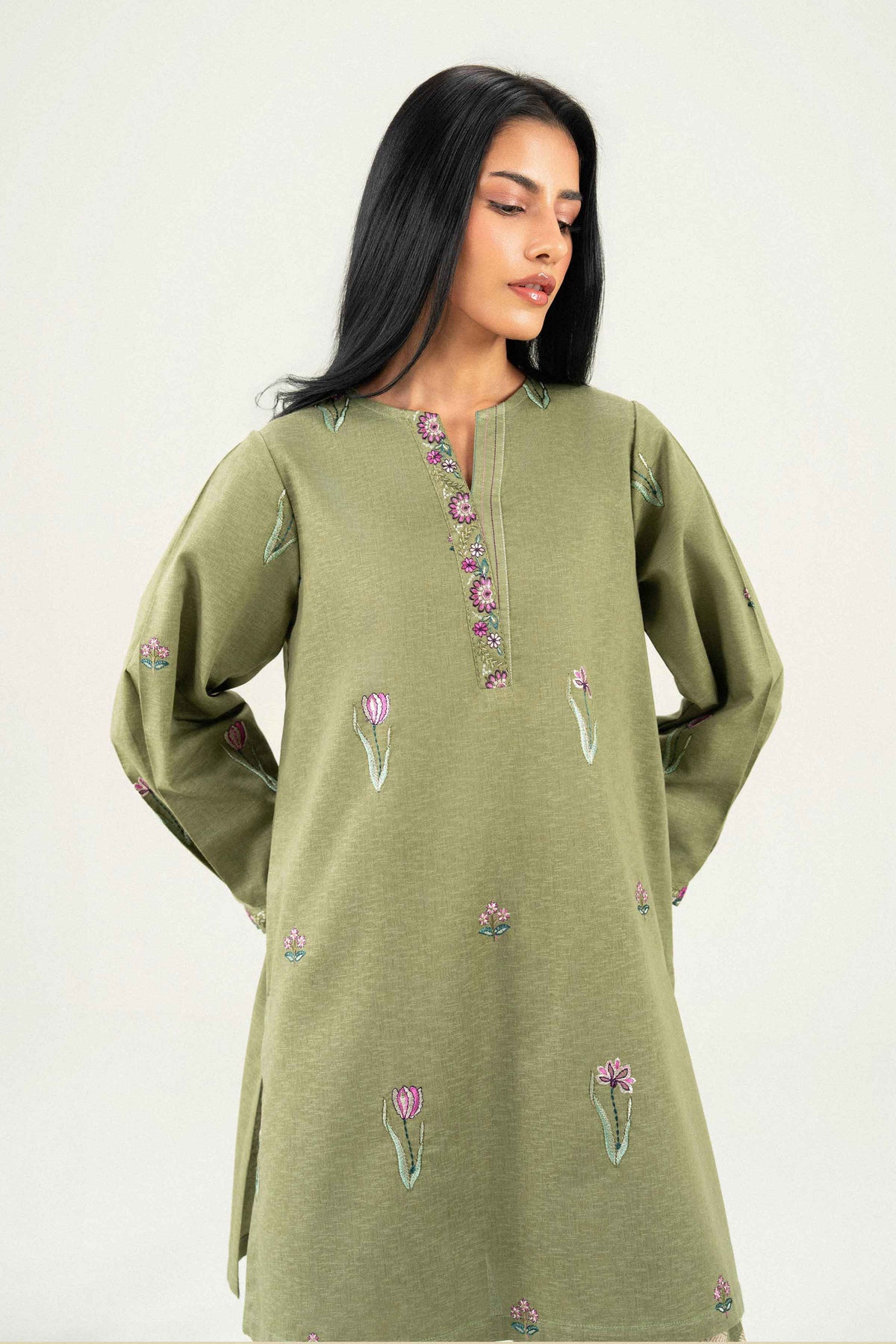 Green 2-Piece Embroidered Suit in Karandi ready-to-wear