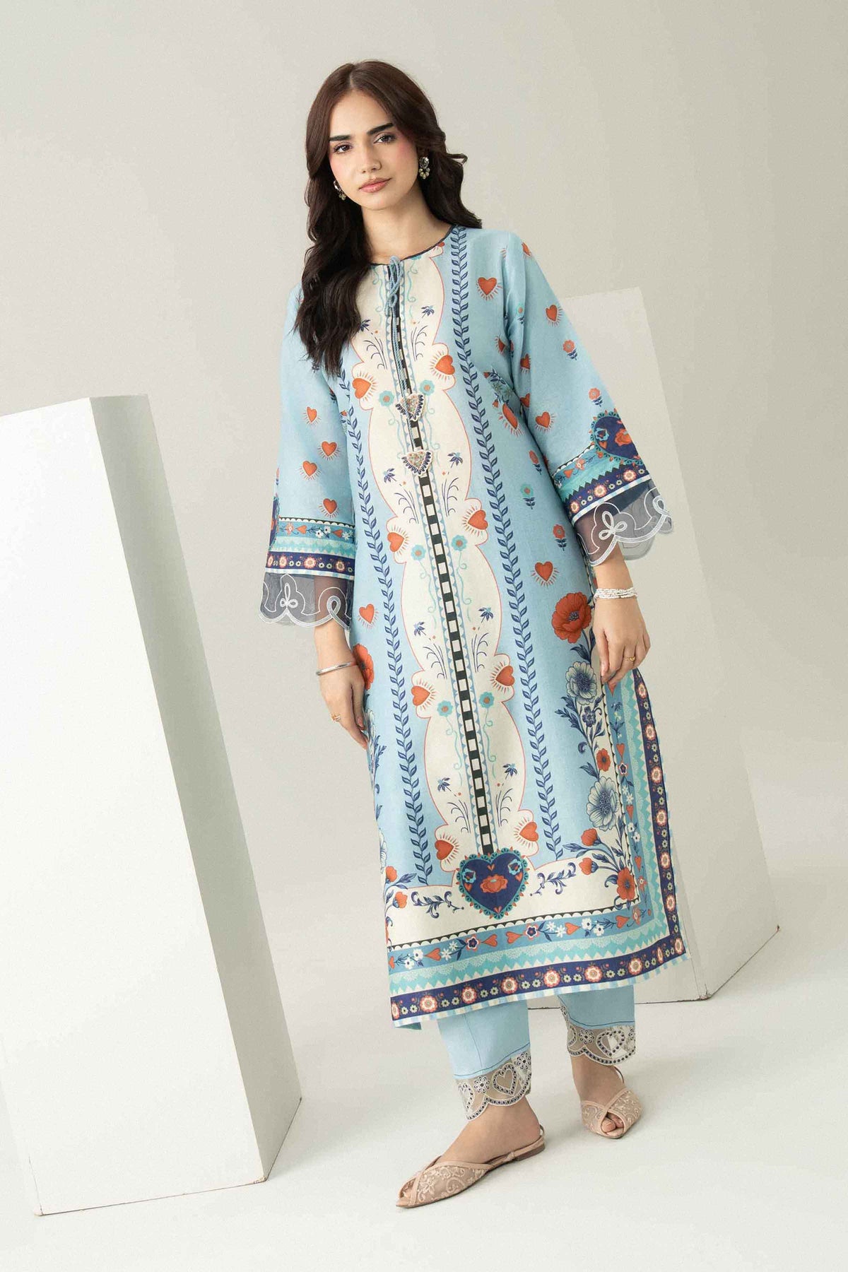 Blue 2-Piece Printed Embroidered Suit in Dobby ready-to-wear