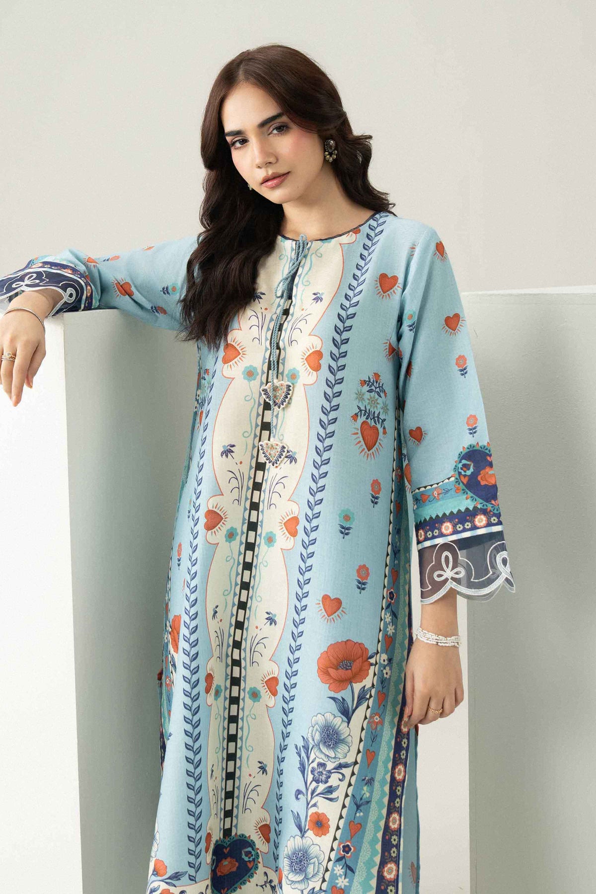 Blue 2-Piece Printed Embroidered Suit in Dobby ready-to-wear