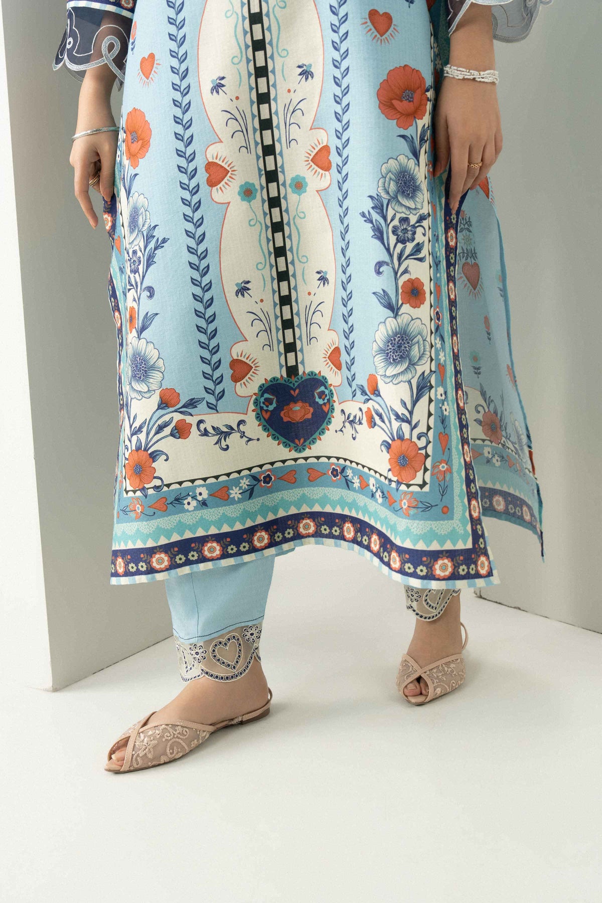 Blue 2-Piece Printed Embroidered Suit in Dobby ready-to-wear