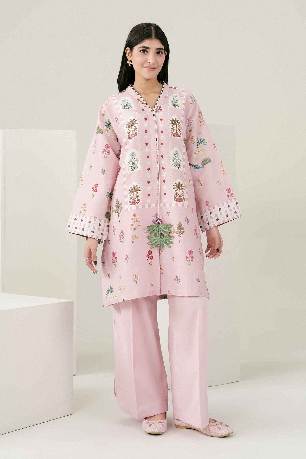 Pink 2-Piece Printed Embroidered Suit in Dobby ready-to-wear