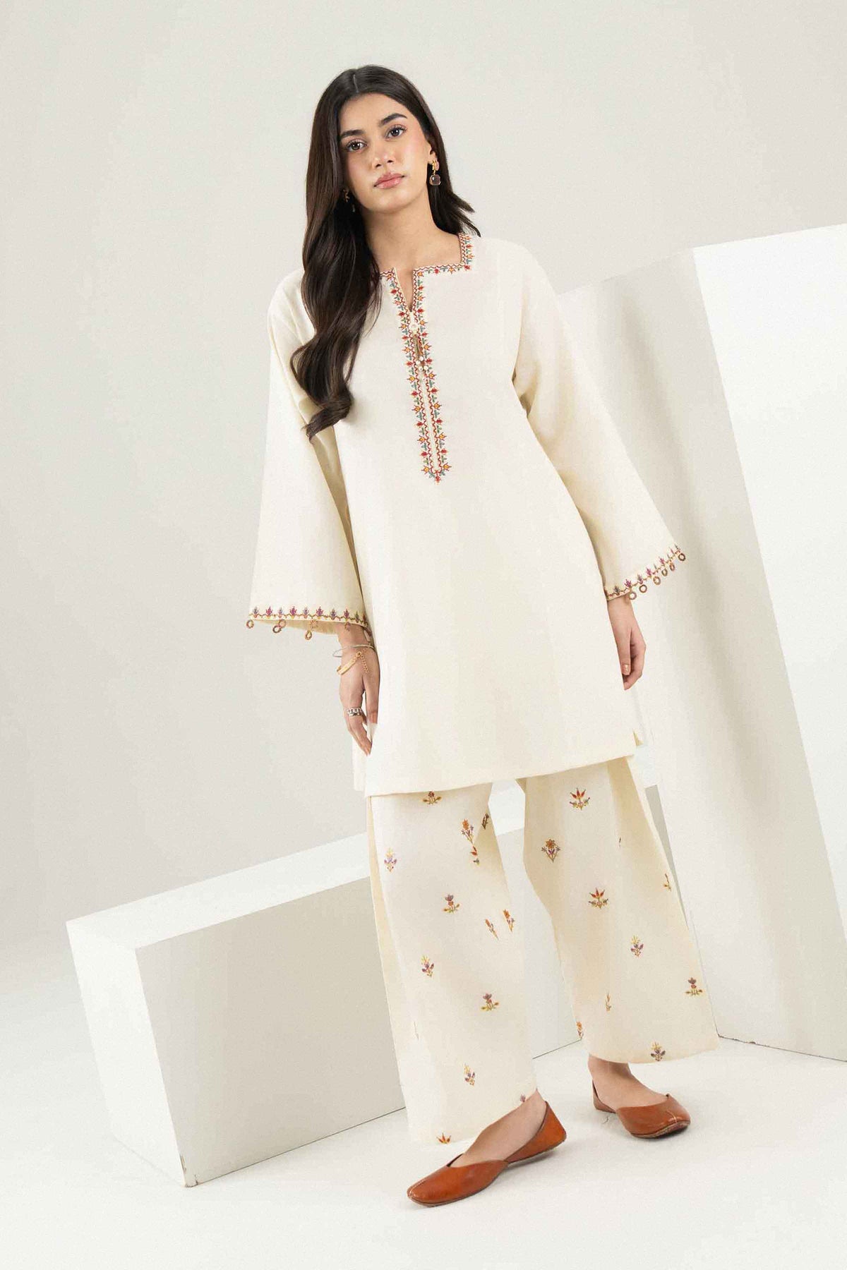 Off White 2-Piece Embroidered Suit in Dobby ready-to-wear