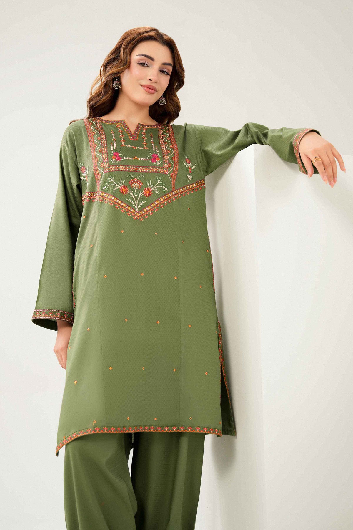 Green 2-Piece Embroidered Suit in Dobby ready-to-wear