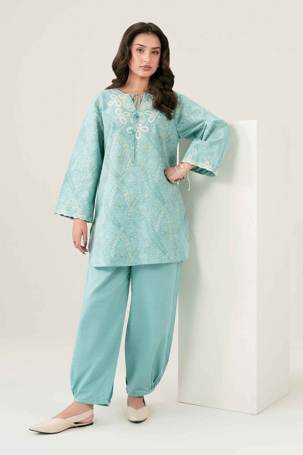 Green 2-Piece Printed Embroidered Suit in Khaddar ready-to-wear