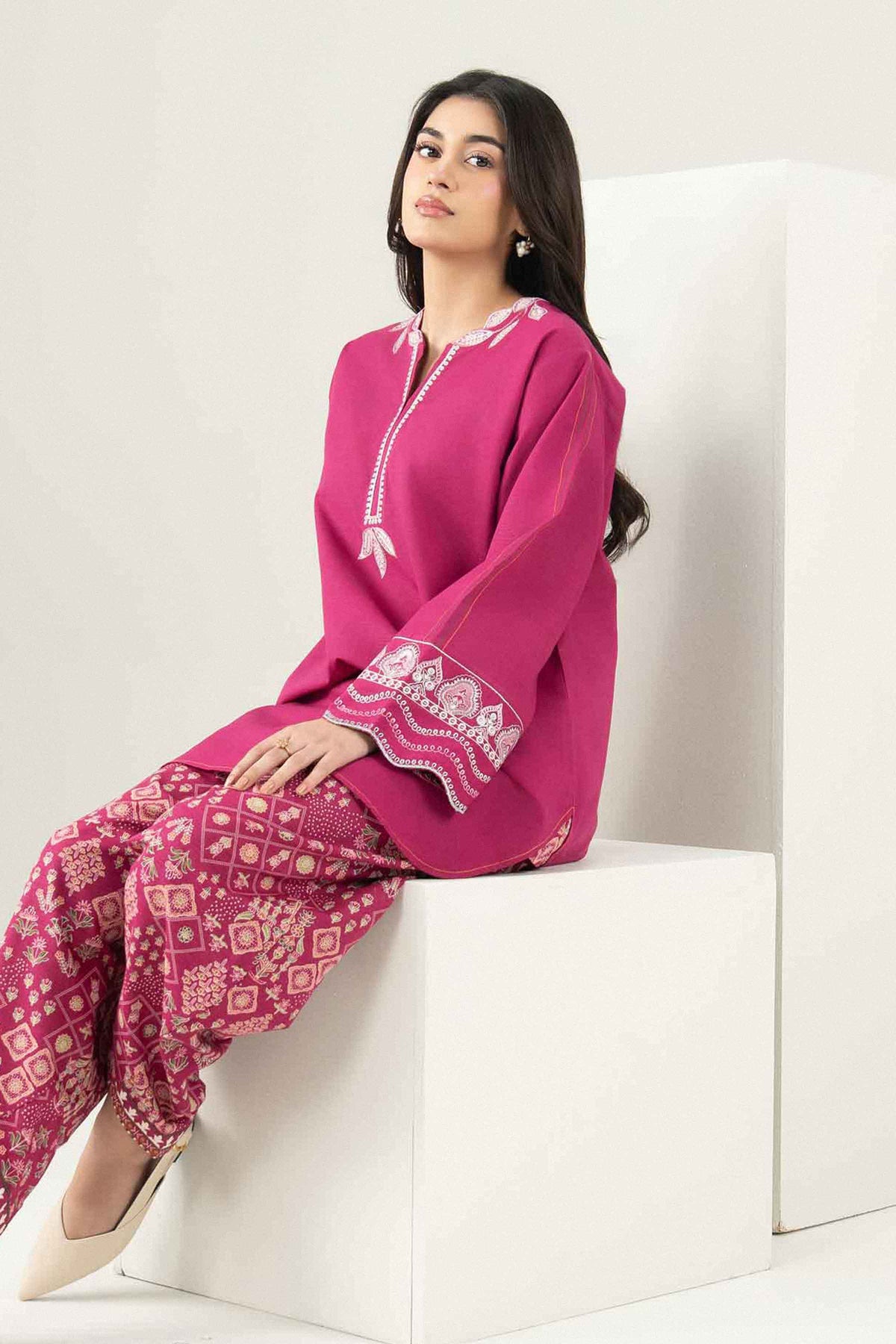 Pink 2-Piece Printed Embroidered Suit in Khaddar ready-to-wear