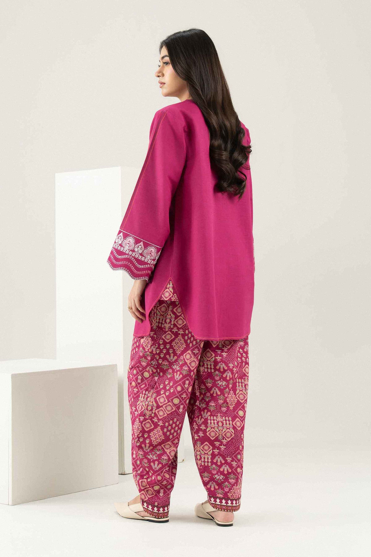Pink 2-Piece Printed Embroidered Suit in Khaddar ready-to-wear