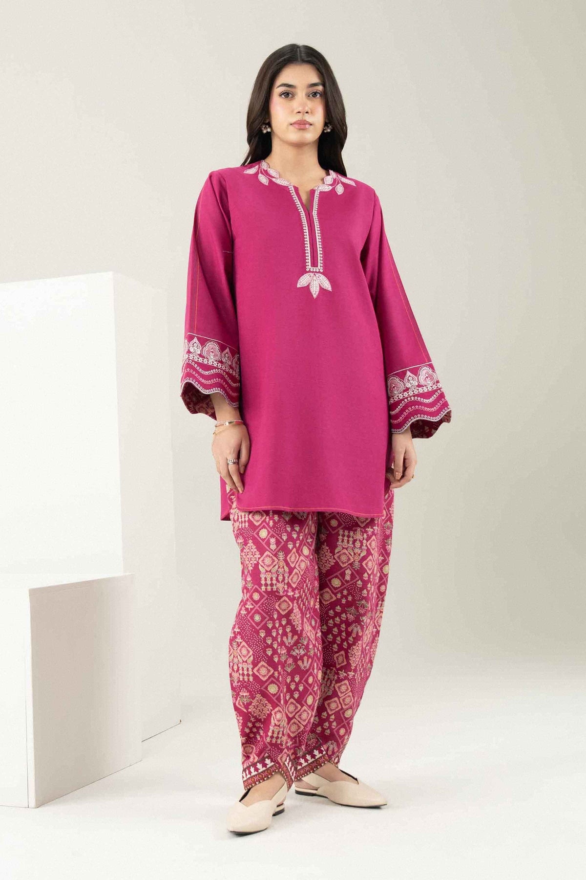 Pink 2-Piece Printed Embroidered Suit in Khaddar ready-to-wear