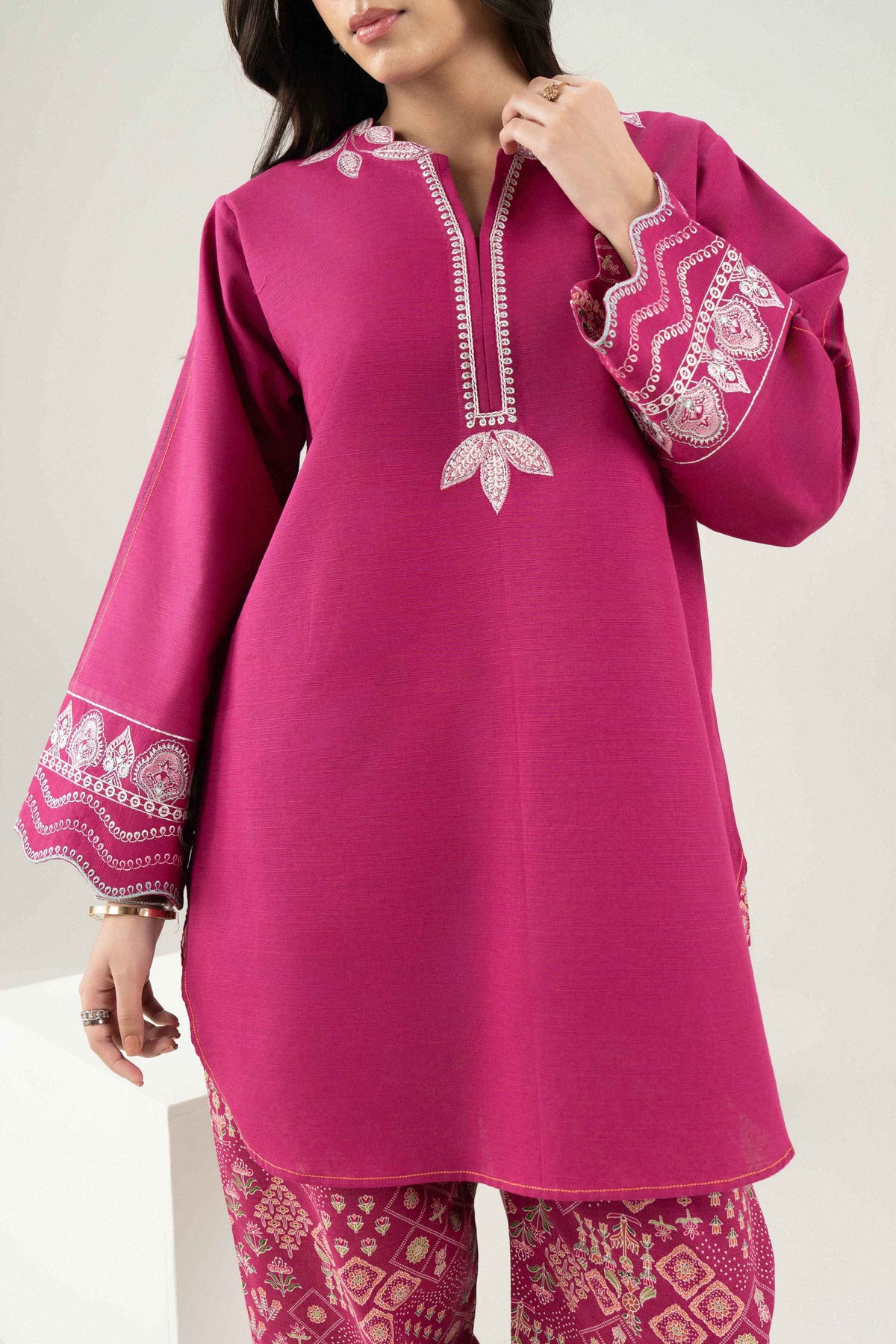 Pink 2-Piece Printed Embroidered Suit in Khaddar ready-to-wear