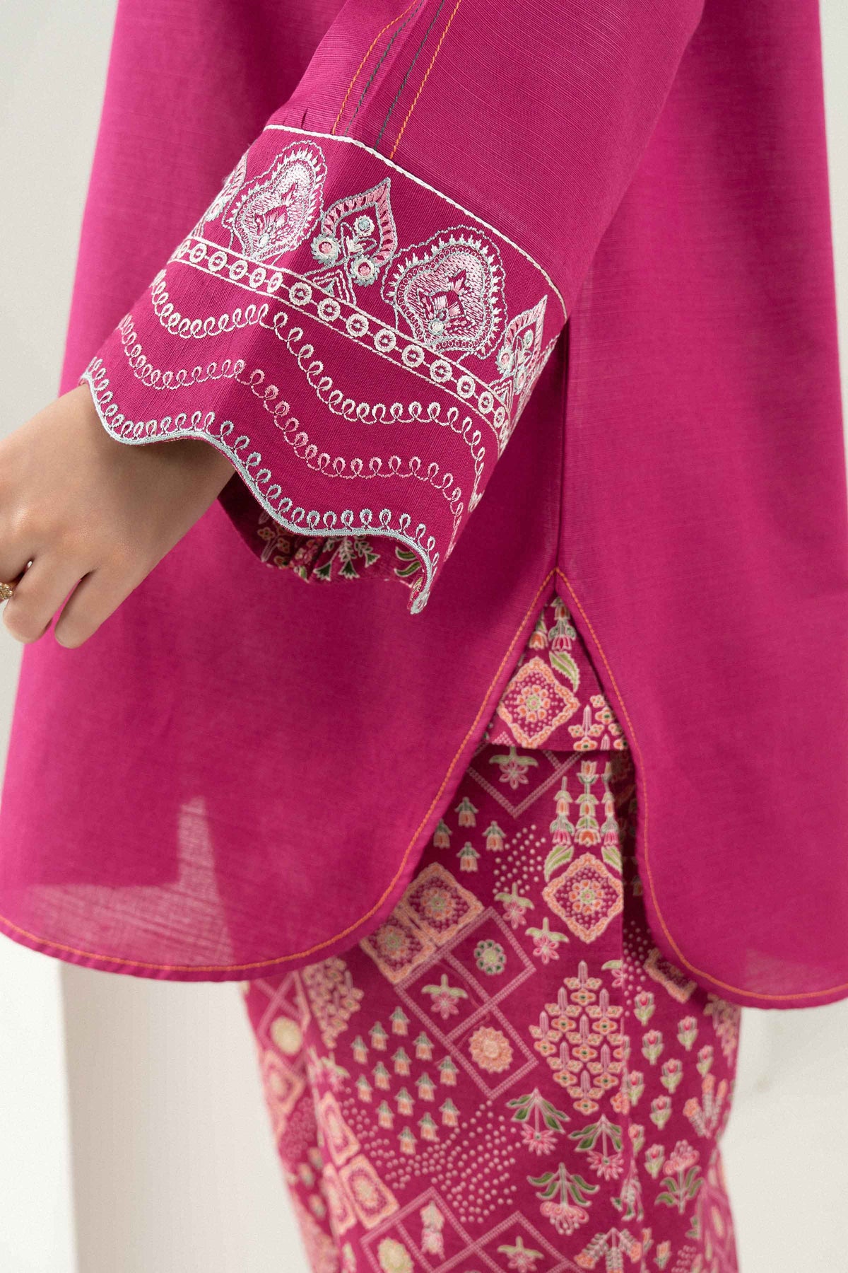 Pink 2-Piece Printed Embroidered Suit in Khaddar ready-to-wear