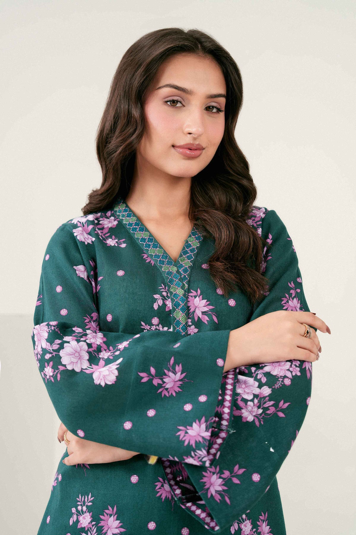Green 2-Piece Printed Embroidered Suit in Khaddar ready-to-wear