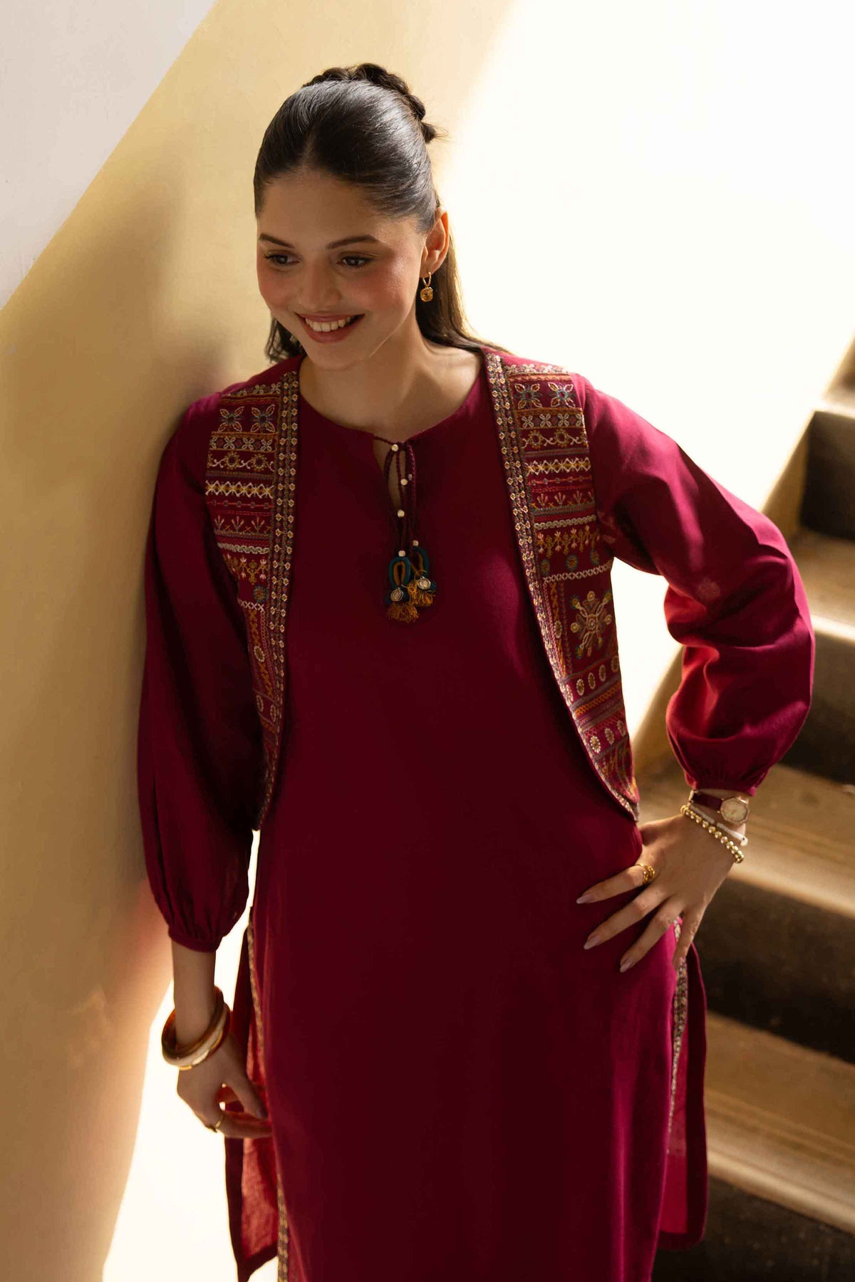 Magenta 3-Piece Embroidered Suit in Khaddar ready-to-wear