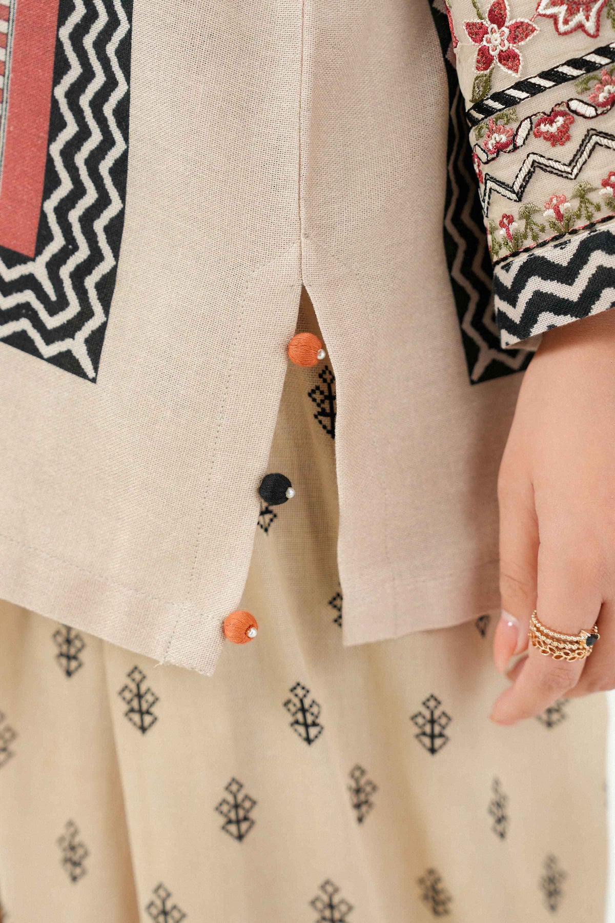 Beige 2-Piece Printed Embroidered Suit in Khaddar ready-to-wear