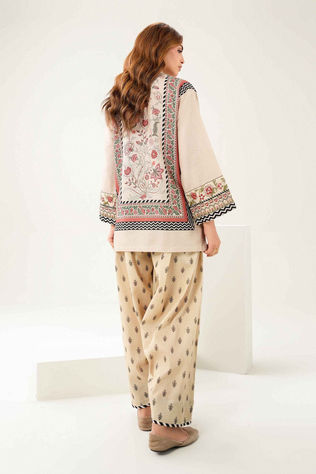 Beige 2-Piece Printed Embroidered Suit in Khaddar ready-to-wear