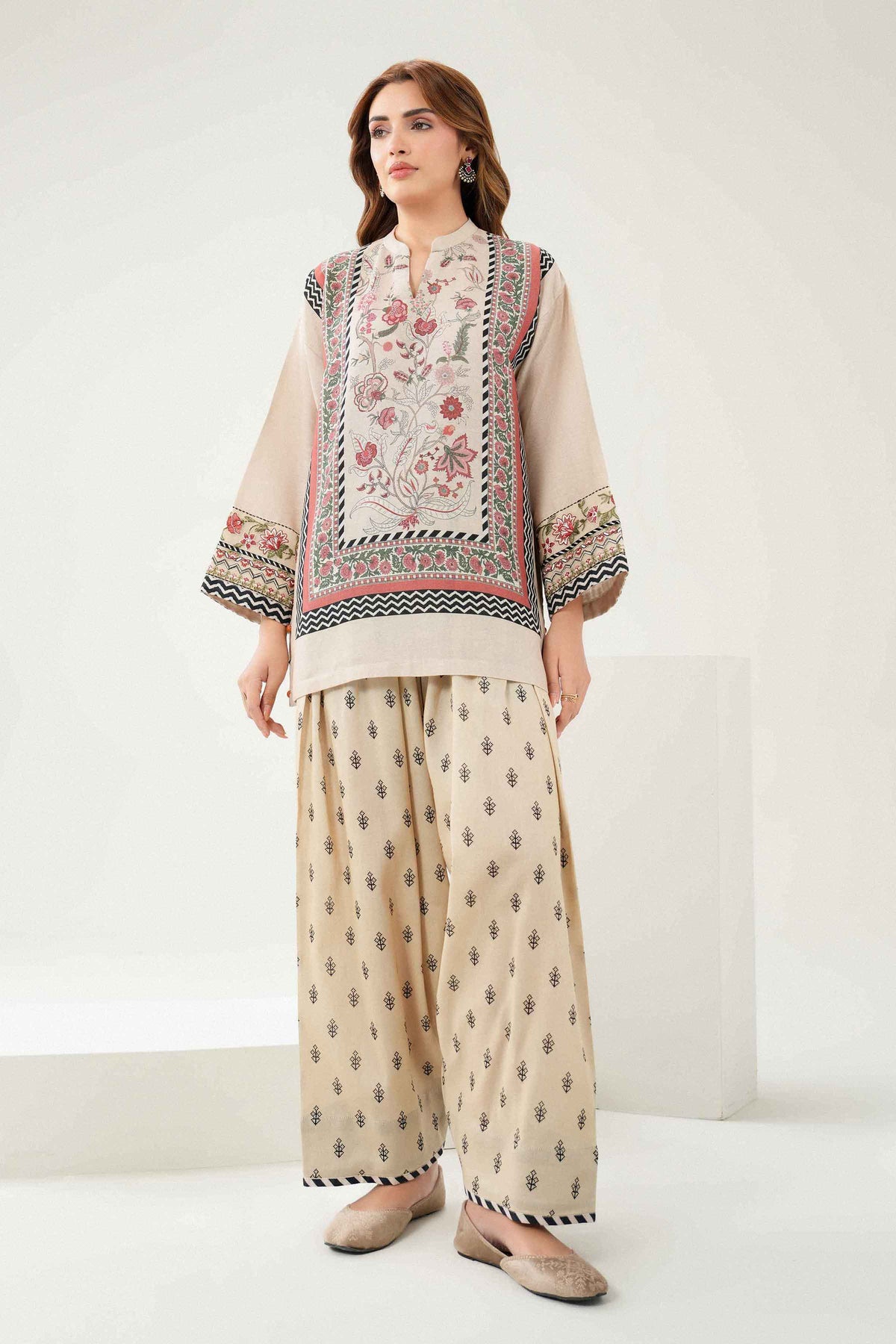 Beige 2-Piece Printed Embroidered Suit in Khaddar ready-to-wear