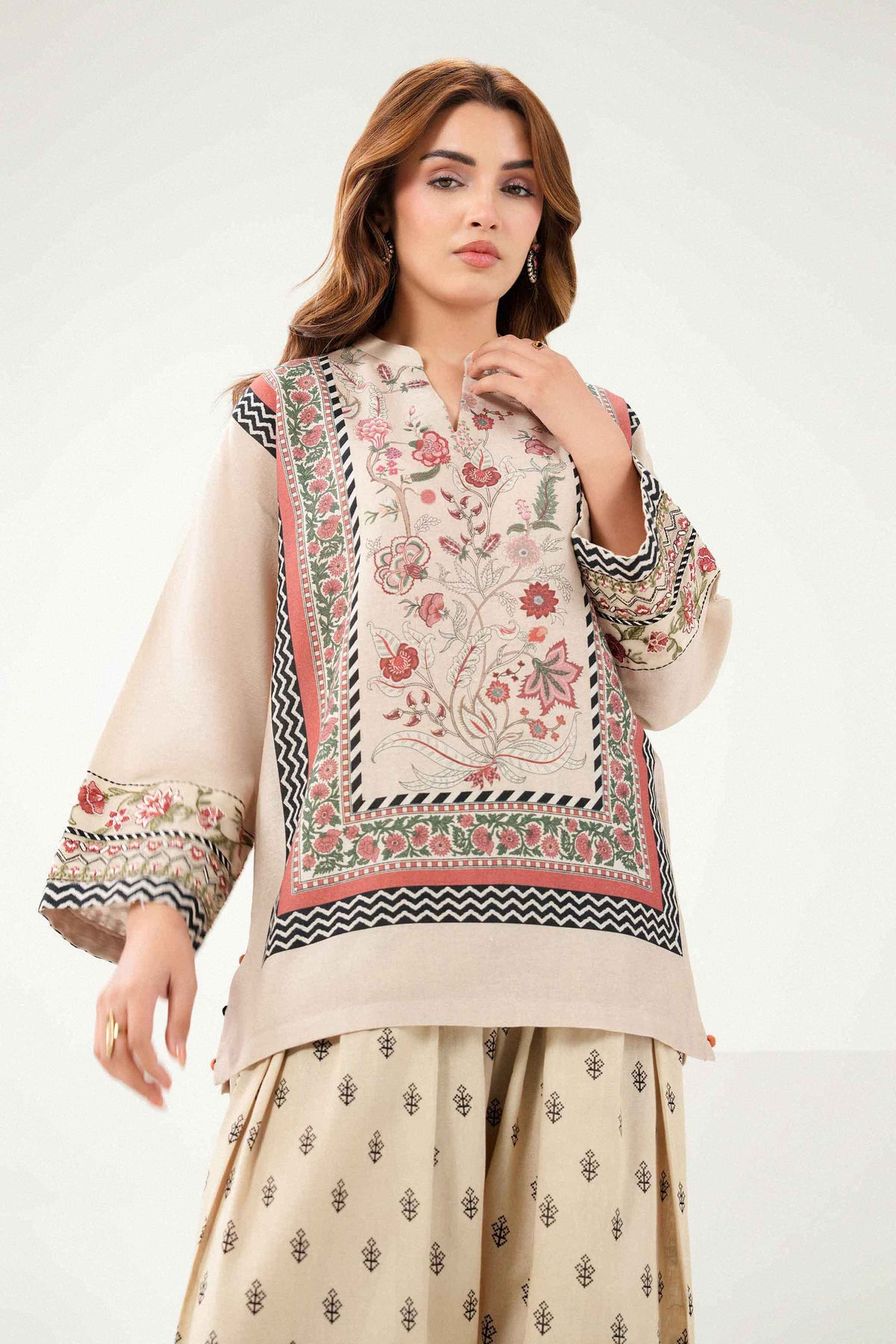 Beige 2-Piece Printed Embroidered Suit in Khaddar ready-to-wear