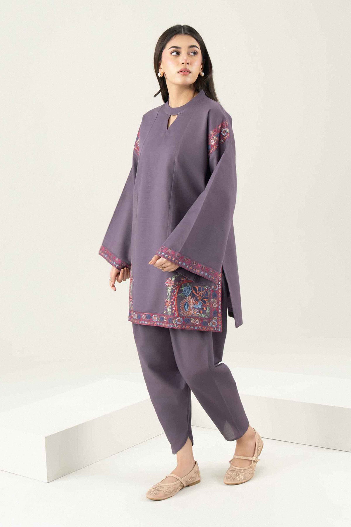 Purple 2-Piece Embroidered Suit in Khaddar ready-to-wear