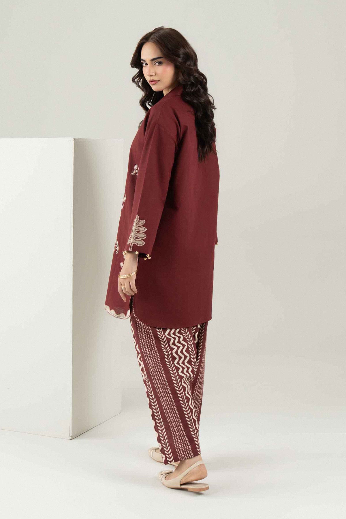 Brown 2-Piece Printed Embroidered Suit in Khaddar ready-to-wear