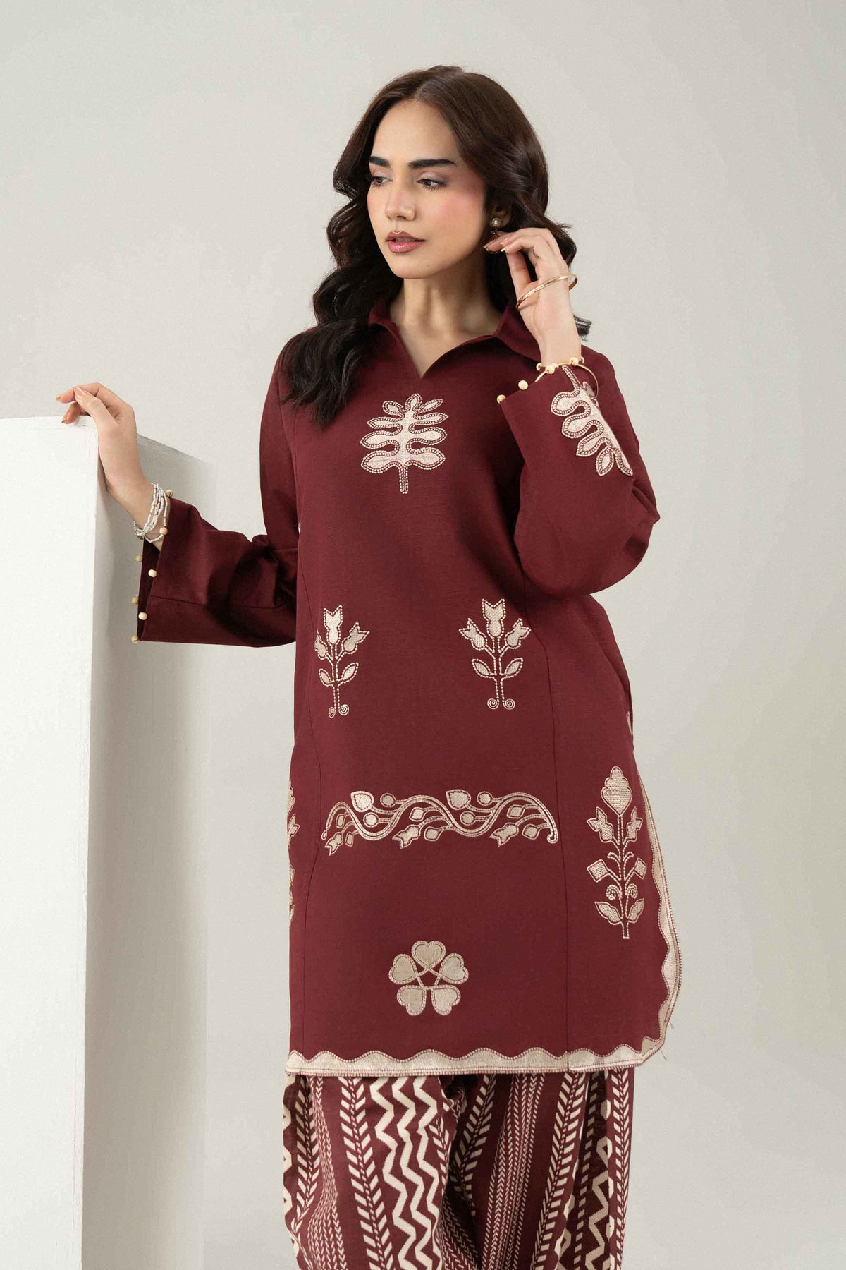 Brown 2-Piece Printed Embroidered Suit in Khaddar ready-to-wear