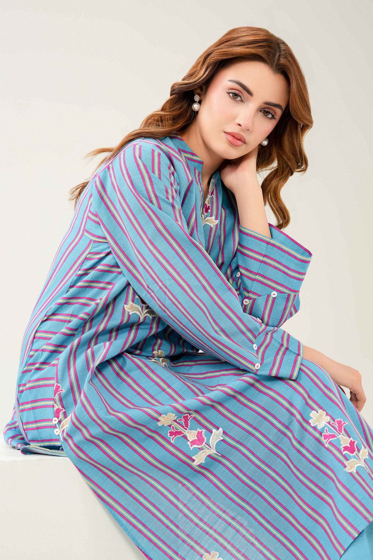 Blue 2-Piece Printed Embroidered Suit in Khaddar ready-to-wear
