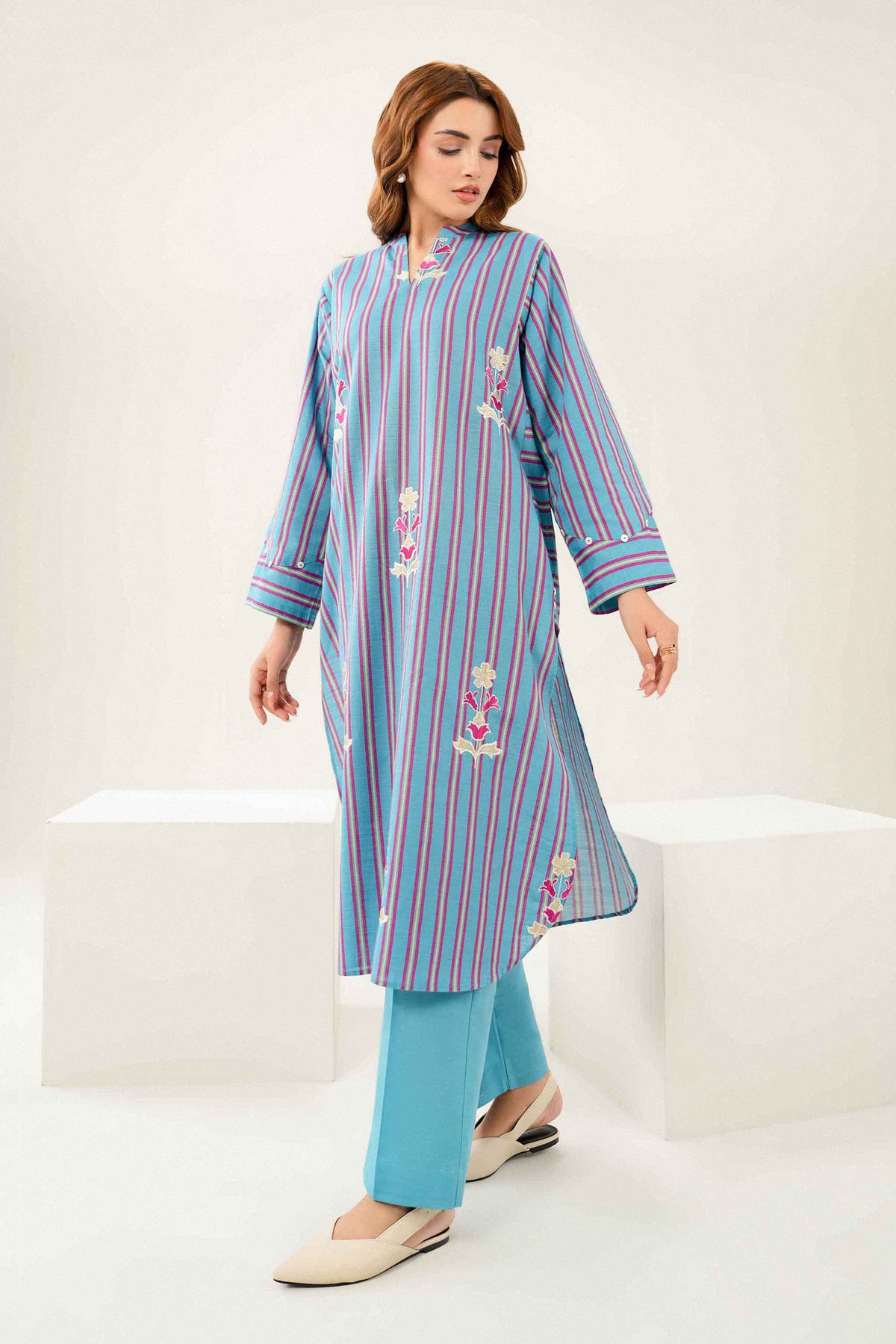 Blue 2-Piece Printed Embroidered Suit in Khaddar ready-to-wear