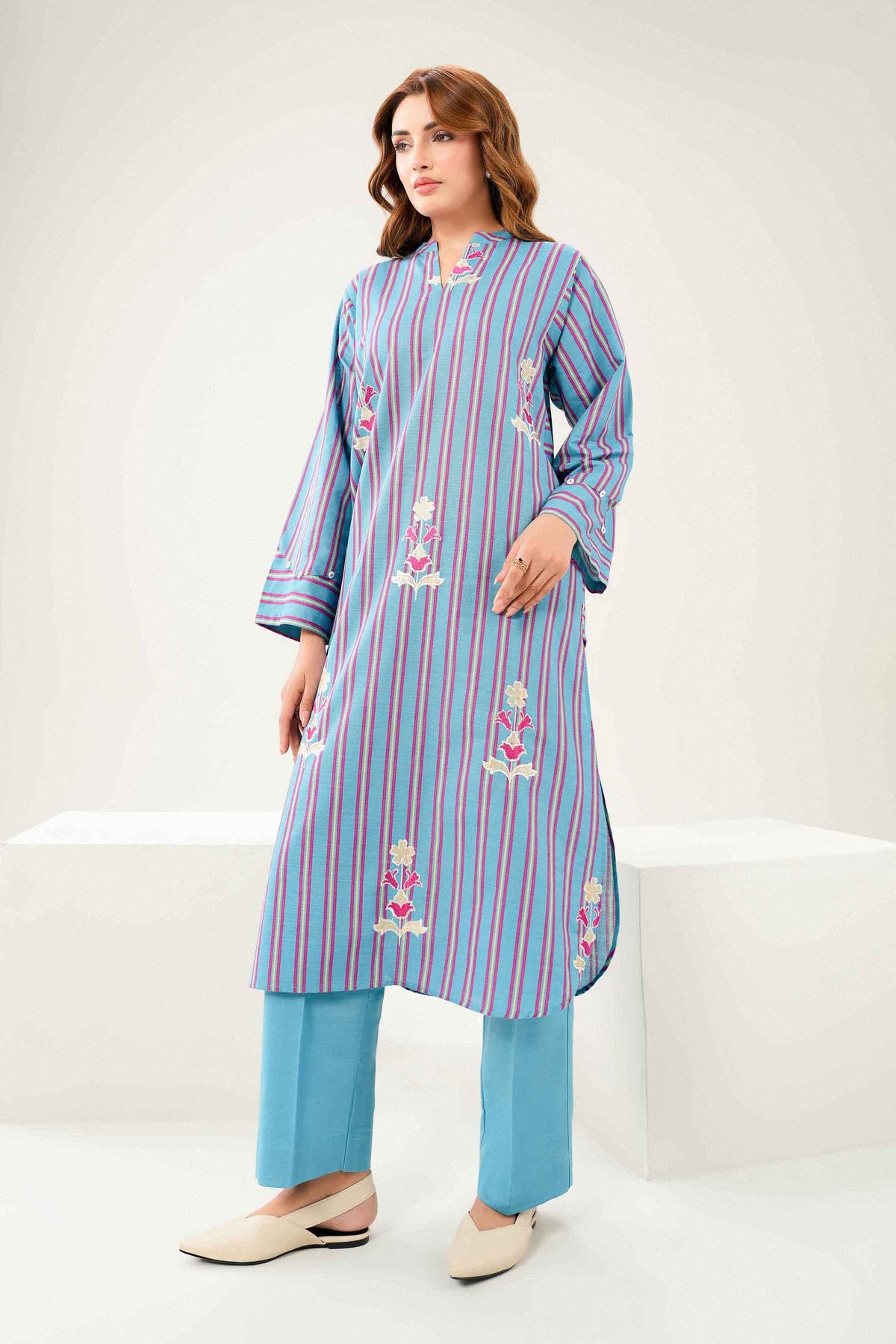 Blue 2-Piece Printed Embroidered Suit in Khaddar ready-to-wear