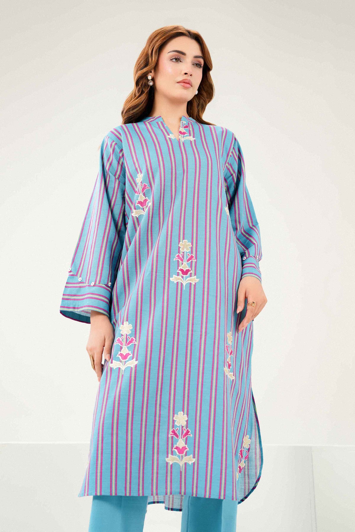 Blue 2-Piece Printed Embroidered Suit in Khaddar ready-to-wear