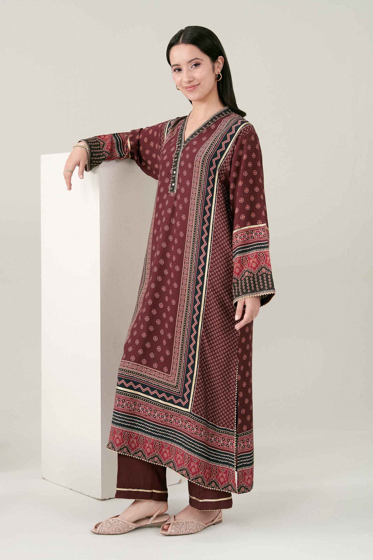 Maroon 2-Piece Printed Suit in Linen ready-to-wear