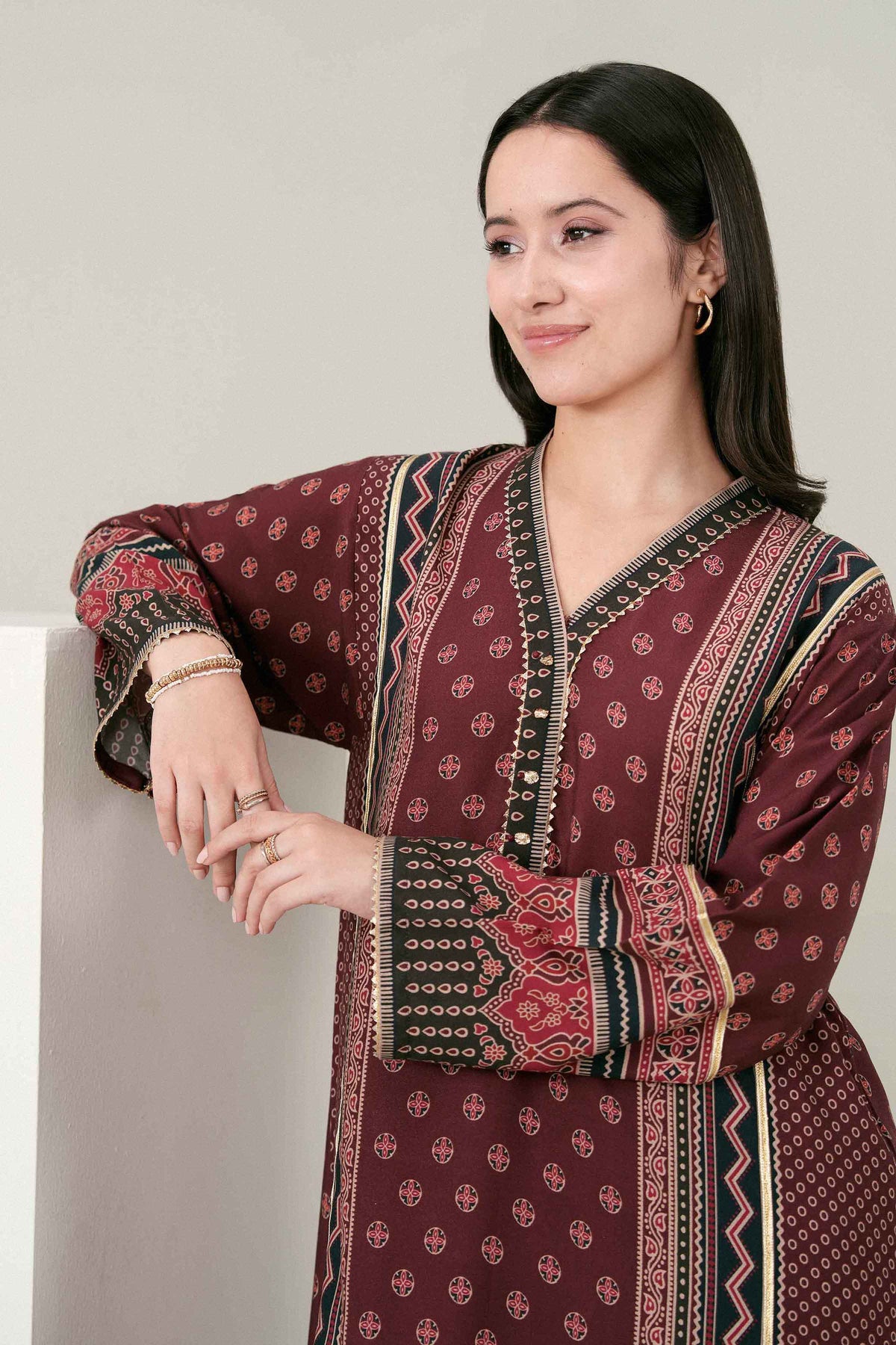 Maroon 2-Piece Printed Suit in Linen ready-to-wear