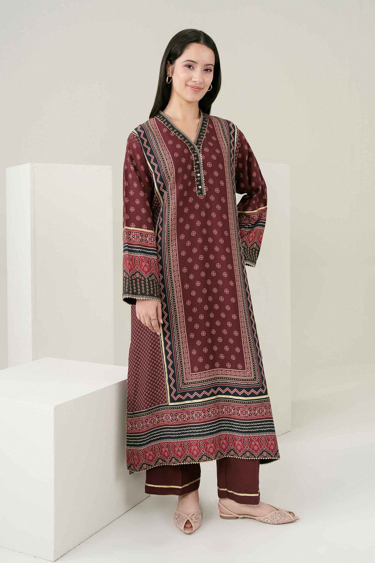 Maroon 2-Piece Printed Suit in Linen ready-to-wear