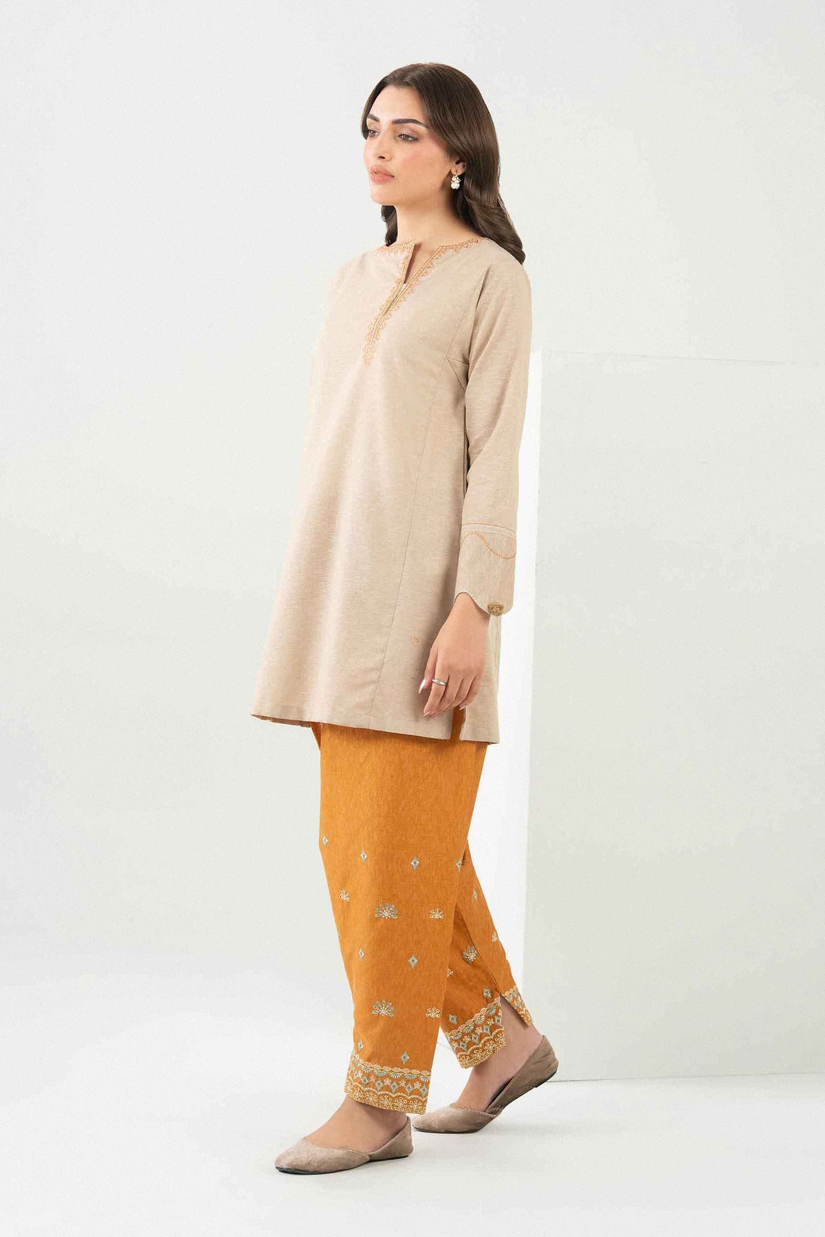 Beige 2-Piece Embroidered Suit in Karandi ready-to-wear
